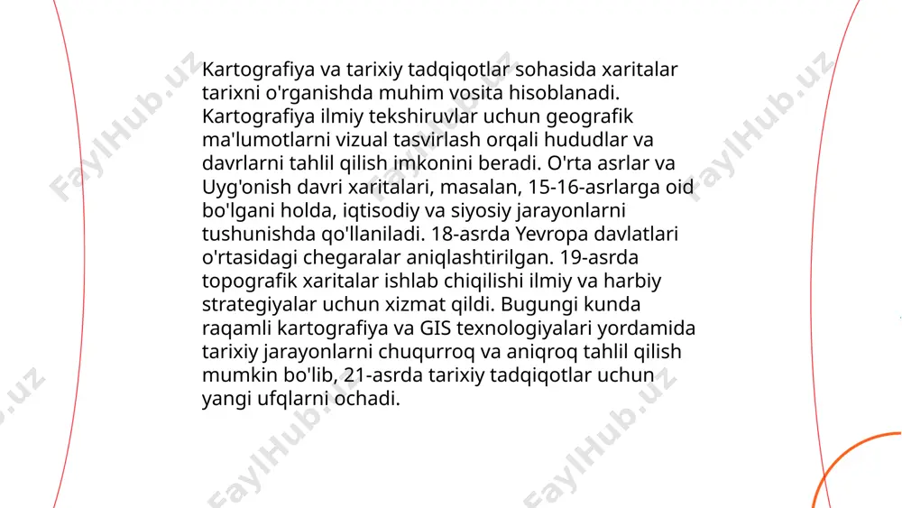 iya va shaharsozlik fanlari shaharlarni rejalashtirish va rivojlantirishda muhim rol o'ynaydi. 8-kartografiya, shaharsozlik va geoinformatsiya texnologiyalari yig'ilishi toshkent shahrida 2023-yilda tashkil etiladi. ushbu konferensiyada oʻzbekistondan va boshqa davlatlardan 200 ga yaqin mutaxassislar qatnashadi. tadbir davomida urbanizatsiya jarayonlari, geoaxborot tizimlari va raqamli kartografiyaning zamonaviy imkoniyatlari koʻrib chiqiladi. maqsad – shaharlar infratuzilmasini yaxshilash va barqaror rivojlanishni taʼminlashdir. yig'ilishda 50 dan ortiq ilmiy maqolalar taqdim etilishi kutilmoqda. texnologiyalar orqali bevosita rejalashtirish jarayonlarini takomillashtirish va innovatsion yechimlarni amaliyotga joriy etish asosiy ta'kid etilgan masalalardandir. ... t.me/slaydai_bot kartografiya geografik joylarning tasvirlarini yaratish va ularni tushuntirish bilan shug‘ullanadi. transport geografiyasi esa transport tarmoqlari va tizimlarini o‘rganadi. o‘zbekiston hududida avtomobil yo‘llari uzunligi taxminan 184,000 km ni tashkil etadi, temir yo‘llari uzunligi esa 4,669 km. mamlakatda 11 ta xalqaro aeroport mavjud. kartografik tadqiqotlar transport geografiyasini rivojlantirishda muhim rol o‘ynaydi, chunki ular harakatlanish yo‘llarini optimallashtirish va logistika masalalarini hal qilishga yordam beradi. shuningdek, kartografiya turli transport marshrutlari va yondosh …