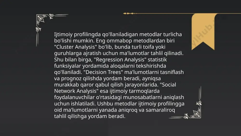 irq, millat, din yoki boshqa ijtimoiy omillarga asoslanib kuzatish va tekshirishni o'z ichiga oladi. amerika qo'shma shtatlarida 2004 yilda o'tkazilgan izlanishlar shuni ko'rsatdiki, qora tanli va lotin amerikalik haydovchilar oq tanlilarga qaraganda 23% ko'proq to'xtatiladi. birlashgan qirollikda esa 2020 yilda qora tanlilar oq tanlilarga nisbatan 8 marta ko'proq to'xtatilib tintuv qilingani qayd etilgan. ushbu amaliyot nafaqat adolatsizlikni kuchaytiradi, balki jamiyat va huquq-tartibot organlari o'rtasida ishonchsizlikni ham orttiradi. ko'plab mamlakatlar profilingni bartaraf etish uchun islohotlar o'tkazishni ko'zlamoqda. sotsial profiling andijon davlat unversiteti ijtimoiy iqtisodiyot fakulteti amaliy psihologiya (sirtqi ta'li) yonalishi 404 guruh talabasi oripov muxammadjonning shaxs psihologiyasi va kouching profiling fanidan mustaqil ta'lim ishi. e'tiboringiz uchun raxmat! image1.png image2.png image3.png image4.png image5.jpg image6.jpg image7.jpg /docprops/thumbnail.jpeg