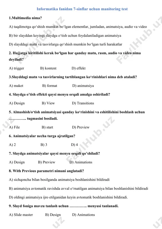 ________________________________________ 13. scratch dasturida vaqt bilan ishlash usullari qaysilar? ___________________________________________________________________________ 14. scratch dasturida o'zgaruvchini kiritish uchun qaysi tugma bosiladi? ___________________________________________________________________________ 15. shartli ifoda deganda nimani tushunasiz? ___________________________________________________________________________ s 1 2 3 4 5 6 7 8 9 10 j b jami: to'gri javob soni noto'gri javob soni to'pla gan ball sana: _____________ sinfi: _____________ o'quvchi ism va familyasi: _________ ______________________________ expert gurux rahbari: _________ ______________________________ a'zo: _________ ______________________________ informatika fanidan 9-sinflar uchun manitoring test 1. cpu, ram va boshqa qurilmalarga quvvat taqsimlovchi va ularning oʻzaro aloqasini taʼminlovchi plata nima deyiladi? a) asosiy plata b) qo’shimcha plata d) sistema bloki 2. chiqarish qurilmalariga qaysi qurilmalarni misol qilish mumkin? a) monitor, klaviatura, printer, karnay b) printer, sichqoncha,plotter monitor d) printer, karnay, plotter, proyektor va displey ekran 3. protsessor deb nimaga aytiladi? a) cpu deb ataladi, u markaziy protsessor bloki tushunchasining qisqartmasi b) kiritish qurilmasi orqali kiritilgan maʼlumotlar asosida turli amallarni bajaruvchi qurilma …