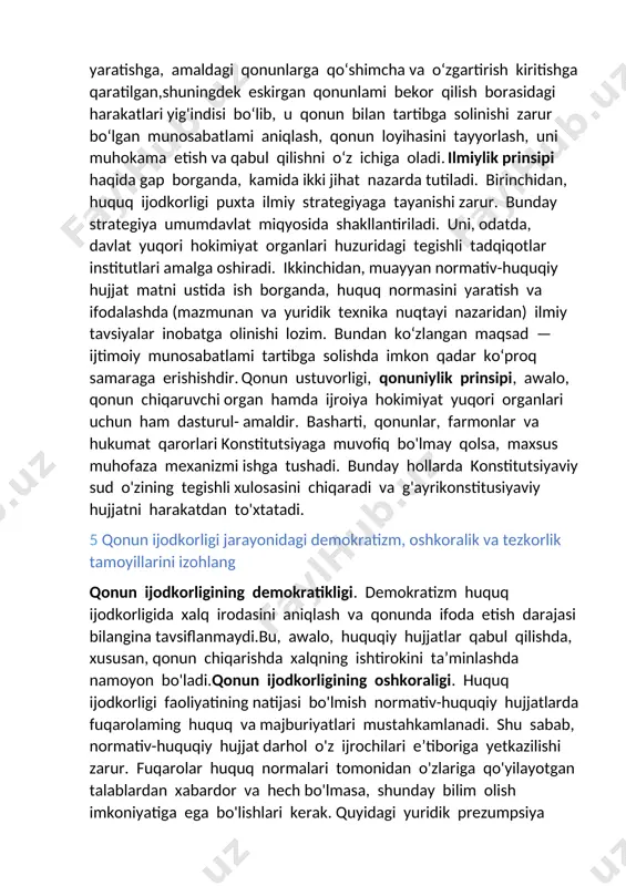 uningdek eskirgan qonunlami bekor qilish borasidagi harakatlari yig'indisi bo‘lib, u qonun bilan tartibga solinishi zarur bo‘lgan munosabatlami aniqlash, qonun loyihasini tayyorlash, uni muhokama etish va qabul qilishni o‘z ichiga oladi. ilmiylik prinsipi haqida gap borganda, kamida ikki jihat nazarda tutiladi. birinchidan, huquq ijodkorligi puxta ilmiy strategiyaga tayanishi zarur. bunday strategiya umumdavlat miqyosida shakllantiriladi. uni, odatda, davlat yuqori hokimiyat organlari huzuridagi tegishli tadqiqotlar institutlari amalga oshiradi. ikkinchidan, muayyan normativ-huquqiy hujjat matni ustida ish borganda, huquq normasini yaratish va ifodalashda (mazmunan va yuridik texnika nuqtayi nazaridan) ilmiy tavsiyalar inobatga olinishi lozim. bundan ko‘zlangan maqsad — ijtimoiy munosabatlami tartibga solishda imkon qadar ko‘proq samaraga erishishdir. qonun ustuvorligi, qonuniylik prinsipi, awalo, qonun chiqaruvchi organ hamda ijroiya hokimiyat yuqori organlari uchun ham dasturul- amaldir. basharti, qonunlar, farmonlar va hukumat qarorlari konstitutsiyaga muvofiq bo'lmay qolsa, maxsus muhofaza mexanizmi ishga tushadi. bunday hollarda konstitutsiyaviy sud o'zining tegishli xulosasini chiqaradi va g'ayrikonstitusiyaviy hujjatni harakatdan to'xtatadi. 5 qonun ijodkorligi …