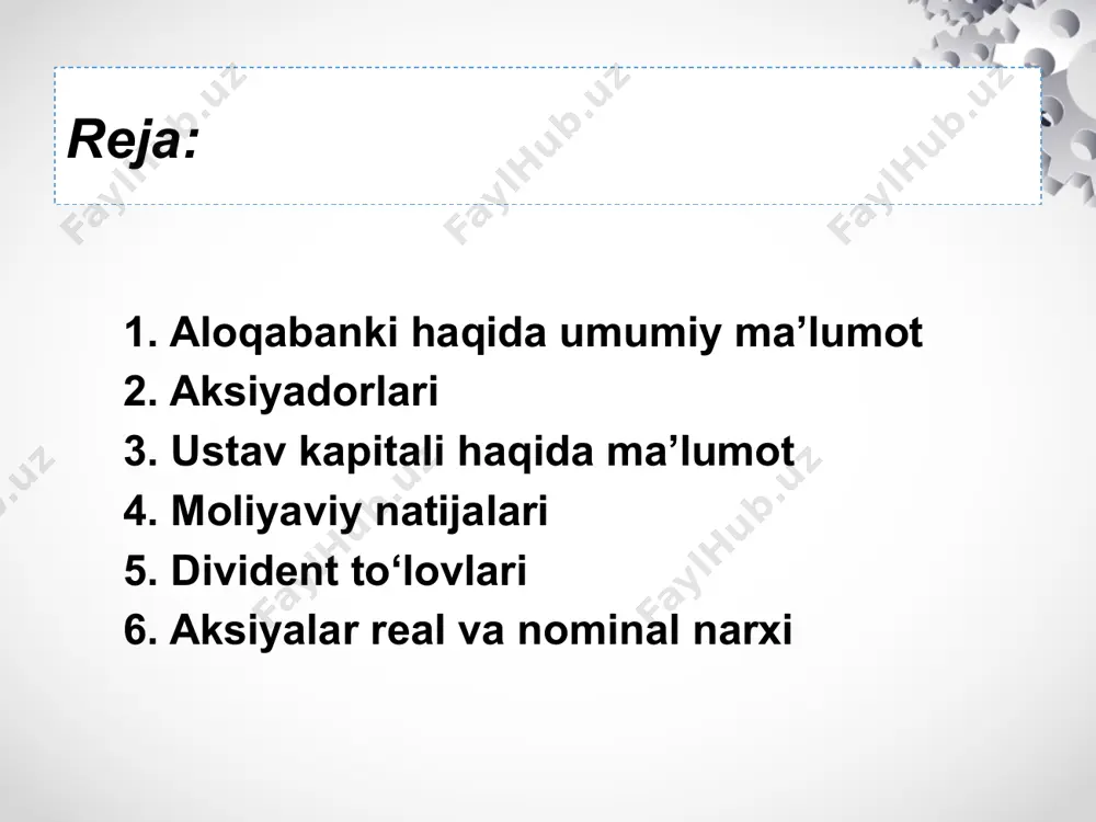 йилнинг 19 сентябрида р0021-20-сон билан давлат рўйхатига олинди. акциялар янги чиқарилиши қарори ва эмиссия рисоласидаги асосий маълумотлар банк тўғрисидаги асосий маълумотлар 1. банкнинг тўлиқ ва қисқартирилган номи: ўзбек тилида кирилл алифбосида: - акциядорлик тижорат «алоқабанк»;- ат «алоқабанк». ўзбек тилида лотин алифбосида: - аksiyadorlik tijorat «aloqabank»;- at«aloqabank». рус тилида: - акционерно-коммерческий «алокабанк»;- ак «алокабанк». инглиз тилида: - joint-stock commercial «aloqabank»;- jsc «aloqabank». aksiyalar real va nominal narxi банк рўйхатдан ўтказилган сана ва рўйхат рақами (банк лицензиясининг рақами): - ўзбекистон республикаси марказий банки томонидан 1995 йил 22 мартда 48-рақам билан давлат рўйхатидан ўтган. банк ўз фаолиятини ўзбекистон республикаси марказий банки томонидан 2014 йил 4 августда берилган 48-сонли банк амалиётларини амалга ошириш лицензияси асосида олиб бормоқда. банкнинг ўзбекистон республикаси марказий банкидаги вакиллик ҳисобварағи рақами: - ҳ/р: 10301000100000401001, банк коди 00401, ат «алоқабанк»нинг амалиёт бошқармаси. банк раҳбарининг фамилияси, исми, шарифи: - ирисбекова каммуна наринбаевна. банк бош бухгалтерининг фамилияси, исми, шарифи: - бўронов худоёр омонович. …