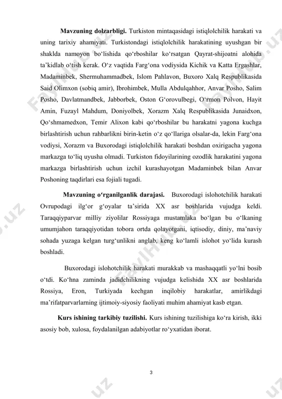 ndagi istiqlolchilik harakatining uyushgan bir shaklda namoyon bo‘lishida qo‘rboshilar ko‘rsatgan qayrat-shijoatni alohida ta’kidlab o‘tish kerak. o‘z vaqtida farg‘ona vodiysida kichik va katta ergashlar, madaminbek, shermuhammadbek, islom pahlavon, buxoro xalq respublikasida said olimxon (sobiq amir), ibrohimbek, mulla abdulqahhor, anvar posho, salim posho, davlatmandbek, jabborbek, oston g‘orovulbegi, o‘rmon polvon, hayit amin, fuzayl mahdum, doniyolbek, xorazm xalq respublikasida junaidxon, qo‘shmamedxon, temir alixon kabi qo‘rboshilar bu harakatni yagona kuchga birlashtirish uchun rahbarlikni birin-ketin o‘z qo‘llariga olsalar-da, lekin farg‘ona vodiysi, xorazm va buxorodagi istiqlolchilik harakati boshdan oxirigacha yagona markazga to‘liq uyusha olmadi. turkiston fidoyilarining ozodlik harakatini yagona markazga birlashtirish uchun izchil kurashayotgan madaminbek bilan anvar poshoning taqdirlari esa fojiali tugadi. farg‘ona vodiysidagi istiqlolchilik harakati 1919 yil yozining oxiri va kuzida o‘zining yuqori cho‘qqisiga chiqdi. madaminbek boshchiligidagi islom qo‘shinlari safiga jalolobodda turgan rus krestyanlar armiyasining qo‘shilishi vodiyda sovet hokimiyatini ag‘darish uchun real kuch edi. sentyabrning dastlabki kunlarida madaminbek lashkarlari jalolobod shahrini egalladi. qurshob qasabasi yonidagi janglarda …