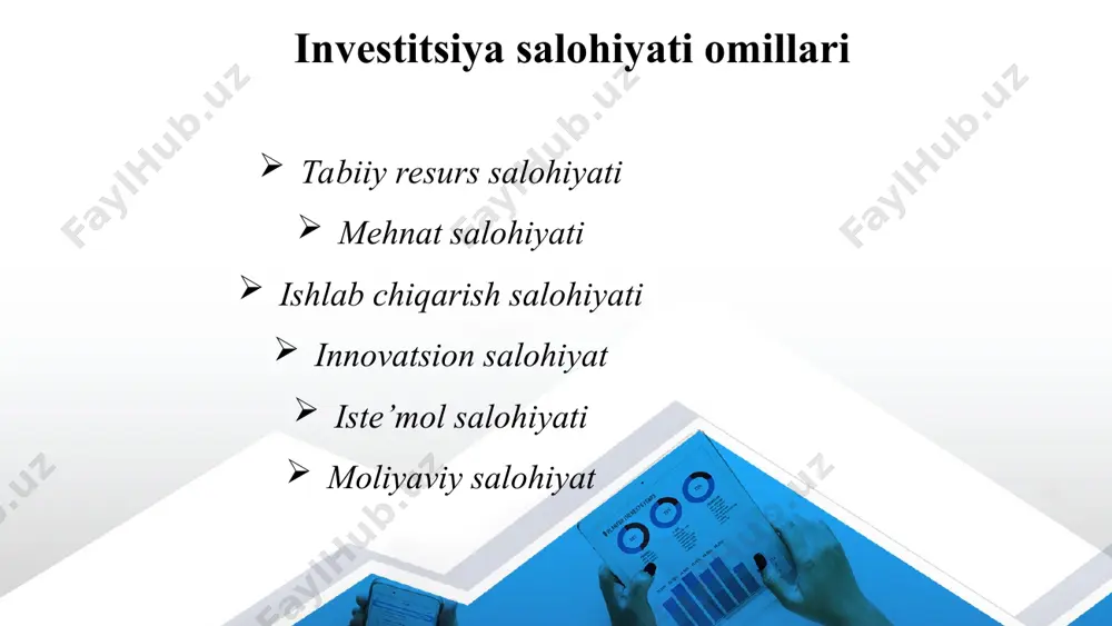 a-ketligidan iborat bo’ladi. albatta, bu holatda pul shaklida qo’yilgan investitsiyalar mol-mulk kapitallashuvini anglatmaydiku?, degan savol tug’ilishi mumkin. shuni alohida qayd qilish lozimki, investitsiya jarayonining natijasida pul mablag’lari, oxir-oqibatda, kapital mol-mulklarning kapitallashuviga olib keladi. chunki, investitsiya qo’yishdan maqsad daromad olish ekan, faqatgina mol-mulklarning kapitallashuvigina daromad olish uchun sharoit yaratadi. shuning uchun ham pul mablag’lari, aktsiya, obligatsiya va boshqa moliyaviy shaklda investitsiya qilishdan maqsad mol-mulklarning kapitallashuvini ta’minlash, ularni yangilash va zamonaviylashtirishdan iborat. this presentation uses a free template provided by fppt.com www.free-power-point-templates.com investitsiyalashning bosh bosqichlari quyidagilar bo’ladi: resurslarni kapital qo’yilmalarga aylantirish (resurslarning kapitallashuvi), ya’ni bunda investitsiyalar investitsiya faoliyatining aniq ob’ektlariga transformatsiyasi jarayoni yuz beradi; qo’yilgan mablag’larning kapital qiymati o’sishiga aylanishi (ekspluatatsiyaga berilgan ob’ektlar va ishlab chiqarish quvvatlari shaklida); kapital qiymatining daromad (foyda) shaklida o’sishi, ya’ni investitsiyalashning oxirgi (so’nggi) maqsadi amalga oshiriladi. investitsiya faoliyati investitsiyalash va investitsiyalarni, mulkni ko’paytirishning asosi hisoblanadi, chunki aynan ana shu faoliyatda investitsiya bir ko’rinishdan ikkinchi ko’rinishga o’tadi, ya’ni …