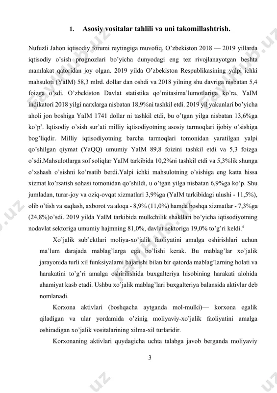 larni oladi. korxonaning normal ish sikli-tovar va xizmatlar uchun pul xarajatlari (yoki to’lanadigon schyotrlarni tuzish) bilan pul mablag’lariga aylantirilgan tovar va xizmatlar sanasining o’rtacha vaqt muddatidir. joriy aktivlarni turkumlash nisbatan yengil, lekin bu yerda ham muammolar kelib chiqishi mumkin, sababi normal ish sikli va pul mablag’lariga aylantirish uchun korxona kutiladigon davr kabi iboralar har xil mulohazalar keltirib chiqaradi. xalqaro amaliyotda ushbu mablag’lar turlicha:joriy aktivlar, harakatdagi aktivlar, aylanma aktivlar deb yuritiladi. 1 joriy aktivlarga eng likvidli mablag’lar kiradi (lotinchadan– suyuq, oquvchan), chunki ular majburiyatlarni to’lash uchun doimo pul mablag’lariga aylanish siklida bo’ladi. iqtisodiyotni erkinlashtirish sharoitida xo’jalik sub’ektida aktivlar iqtisodiy naf keltiruvchi resurs sifatida e’tirof etiladi. aktivlar xo’jalik sub’ektlarning faoliyatini kengaytiradi va kelgusida rivojlanish uchun zarur bo’lgan foyda olish imkonini yaratadi. aktivlar iqtisodiy kategoriyalardan biri bo’lib, tayyorlash, ishlab chiqarish va sotish jarayonlarida bevosita ishtok etadi. professor a.sotivoliev, d.sotivolieva, d.shodibekovalarning fikrlariga ko’ra “aktiv– ma’lum bir sanaga pul ko’rsatkichiga korxonaning mablag’lari, ularning tarkibi va …