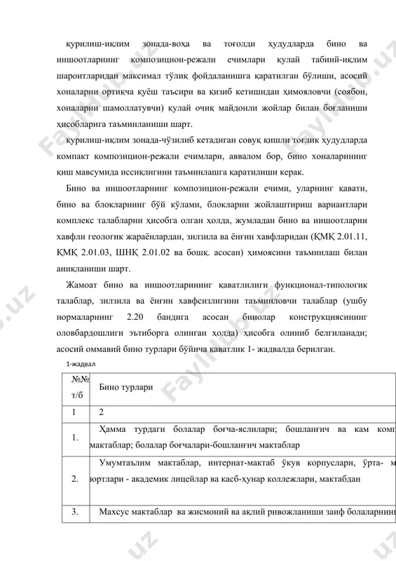 муассасалари 2 10. савдо ташкилотлари, умумий овқатланиш, оммавий маиший хизмат бинолари (ноёб тоифали бинолардан ташқари) 3 эслатма: 1. қаватлик қмқ 2.01.03 га асосан ҳудуд зилзилавийлиги ҳисобга олинган ҳолда аниқланади. жадвалда берилмаган бино ва иншоотлар лойиҳаланишида қаватлар ушбу норманинг кейинги матнларидаги талаблари бўйича аниқланади. махсуслашган болалар ўқув-тарбиявий муассасалари, болалар боғчалари ва кўр, нафас олиш аъзолари хаста болалар учун мактаб-интернатлар бирикки қаватлик қилиб лойиҳаланади мавсумий иншоотлар 1-2 қаватлик бўлиши шарт болалар соғломлаштириш оромгоҳларининг ётоқ павильонлари бир қаватлик бўлиши шарт. жамоат биносининг хоналари баландлиги пол сатҳидан шип сатҳигача 3.0 м дан кам бўлмаслиги керак. ҳар-хил вазифали заллар, аудиториялар, лабораториялар, спортзаллар, манежлар ва бошқа хоналарнинг баландлиги функционал-технологик жараёнларни ва ушбу лойиҳалаш нормалари матнларида келтирилган технологик асос ва талабларга асосан, жиҳозларнинг габаритларини ҳисобга олган ҳолда белгиланади. жамоат хоналарининг сиғдираолишлик миқдори 30 кишидан ошмаганда, ҳамда турар-жой бинолари ҳажмида қурилган хизмат кўрсатиш муассасалари, жумладан дўконлар, кафелар хоналарининг баландлиги 2.8 м бўлиши мумкин. хоммом ва ўрни 100 ва …