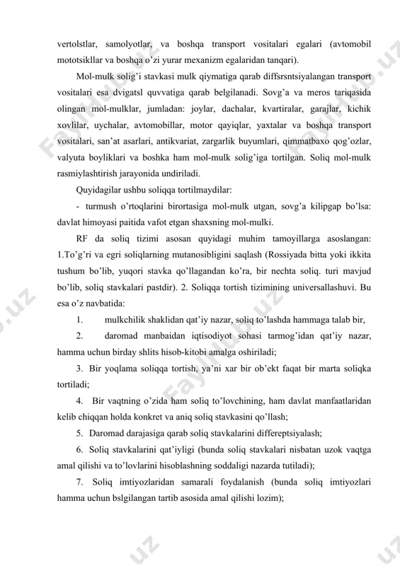 ; 6. soliq stavkalarini qat’iyligi (bunda soliq stavkalari nisbatan uzok vaqtga amal qilishi va to’lovlarini hisoblashning soddaligi nazarda tutiladi); 7. soliq imtiyozlaridan samarali foydalanish (bunda soliq imtiyozlari hamma uchun bslgilangan tartib asosida amal qilishi lozim); 8. davlat boshqaruviga qarab soliqlarni aniq taksimlanishi nazorat kilinishi lozim, ya’ni: · fsdsral (markaziy) soliqlar: · respublika (o’lkalar, okruglar, avtonom respublikalar) soliqlari; · mahalliy soliqlar. quyidagi korxona foyda solig’i to’lashdan ozod etiladi: · diniy tashkilotlar; · invalidlar tashkiloti, ularning o’quv ishlab chiqarish korxona va muasassalari; • - protez-ortopediya mahsulotlarini ishlab chiqaruvchi korxonalar. korxonalar foyda soliri xar kvartalda to’lanishi lozim. shuningdek korxona tomonidan avans to’lovlari ham o’tkaziladi, ya’ni kvartalning xar oyning 10-25 sanalarida belgilangan summaning 1.6 qismi to’lanadi. agar to’lanadigan summa uncha katta bo’lmasa, u holda kelishuv asosida ushbu summani xar oyda 1 marta-oyning 20 sanasida 1.3 kvartallik soliq summasi to’lanadi. 1. qqs 2. mahsulotlarning ayrim guruhlari va turlariga aktsizlar 3. banklar daromadiga soliq. 4. sug’urta …