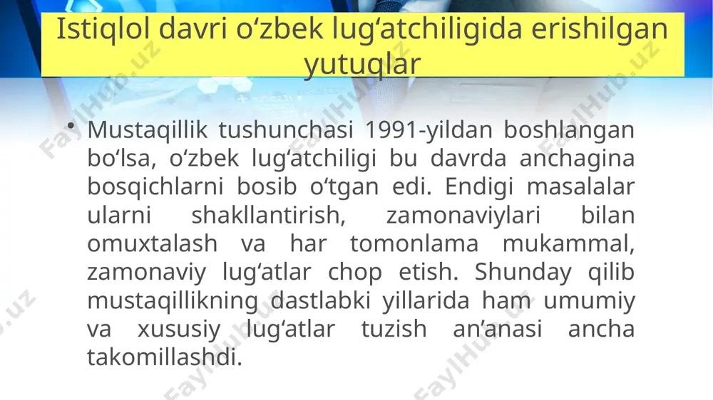 lug’atlardan tashqari ikki tilli tarjima, chappa(ters), chastotali, tezaurs va h.k lug’atlar tuzish borasida ham sezilarli ishlarni bajardi. istiqlol davri imlo lug‘atlari ma’lumki, 1993-yil 2-sentabrda “lotin yozuviga asoslangan yangi o‘zbek alifbisini joriy etish to’grisida”gi qonun, 1995-yil 24-avgustda “o’zbek tilining asosiy imlo qoidalarini tasdiqlash haqida” maxsus qaror qabul qilingan edi. imlo masalasiga hukumat darajasida e’tabor berilishining sababi, imlo nafaqat to‘g‘ri yozish qoidalarini belgilaydi, shuningdek millatni, xalqni birlashtirishdek ijtimoiy-siyosiy vazifani ham bajaradi. til va adabiyot instituti tilshunoslari tomonidan eng katta (85 mingdan ortiq so‘z) imlo lug‘ati yaratilib, 2013-yilda ham lotin, ham kirill alifbosida nashr etildi. mazkur lug‘atning e’tiborli tomonlaridan biri shundaki, unda hozirga qadar yolashgan unlilarning imlosini imkon qadar birxillashtirishga harakat qilingan. masalan, budjet, sujet, sentabr, oktabr, rejissor ventilator kabi so‘zlarni byudjet, syujet, sentyabr, oktyabr, rejissyor ventilyator tarzida yozish kiritilgan. o‘zbek leksikografiyasi oldida turgan dolzarb masalalar: mavjud sinonimlar, omonimlar, antonimlar lug‘atlarining yangi nashrlarini amalga oshirish; mavjud tilshunoslik terminlari lug’atiga tayangan holda tilshunoslik ensiklopediyasini …