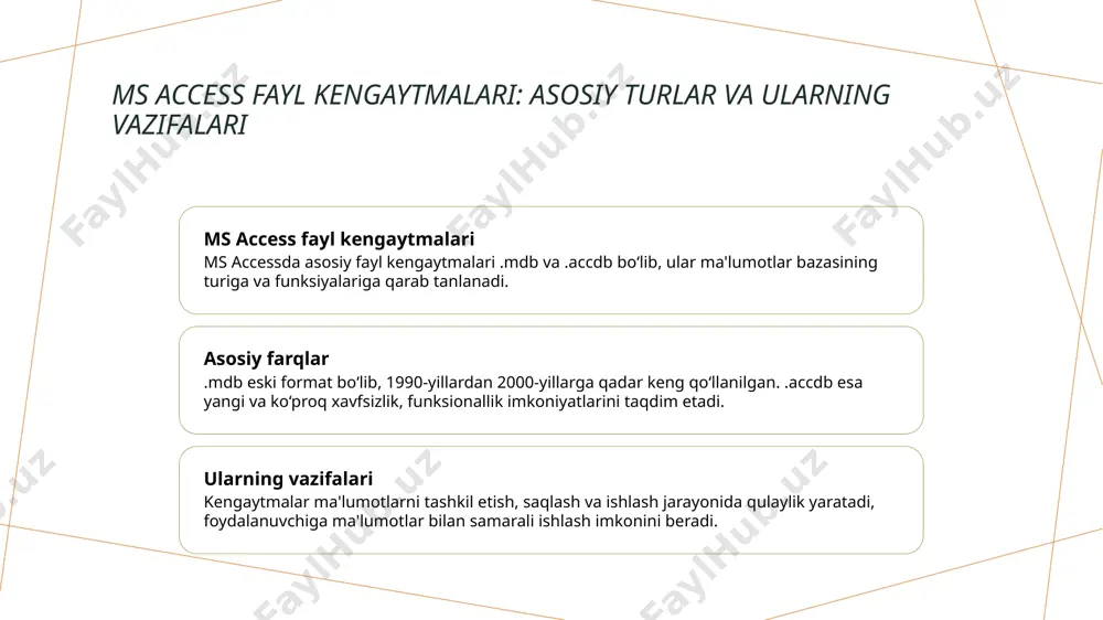 sh imkoniyati cheklangan, .accdb esa kengroq xavfsizlik funksiyalarini taqdim etadi. 2 ma'lumotlar integratsiyasi .accdb formatida jadvallar, so'rovlar va makrolar o'rtasida yaxshiroq integratsiya mavjud, bu esa ma'lumotlarni boshqarishni soddalashtiradi. 3 yaxshilangan xavfsizlik .accdb formatida ma'lumotlar shifrlash va foydalanuvchi ruxsatlarini boshqarish imkoniyatlari rivojlangan, bu esa ma'lumotlarni himoya qilishda muhimdir. ms access fayllarining ma'lumotlarni tashkil etishdagi asosiy funksiyalari ma'lumotlarni tashkil etish funksiyalari ms access ma'lumotlarni tartibga solish va saqlash uchun jadval va maydonlardan foydalanadi, bu esa ma'lumotlarni samarali qidirish va boshqarishni ta'minlaydi. ma'lumotlarni integratsiya qilish access yordamida turli jadval va shakllar orqali ma'lumotlar o'rtasida bog'lanish va integratsiya qilinadi, bu esa ma'lumotlarning to'liqligi va aniqligini oshiradi. avtomatlashtirish imkoniyatlari makrolar va so'rovlar yordamida ma'lumotlarni tahlil qilish, hisobotlar tayyorlash va muhim jarayonlarni avtomatlashtirish imkoniyati mavjud, bu ishlarni tezlashtiradi. fayl formatlarining ma'lumotlarni saqlash va boshqarishga ta'siri ma'lumotlarni saqlash mexanizmlari ms access fayllari ma'lumotlarni fayl tizimida tashkil etadi, bu esa tezkor kirish va saqlashni ta'minlaydi. formatlar katta hajmli …