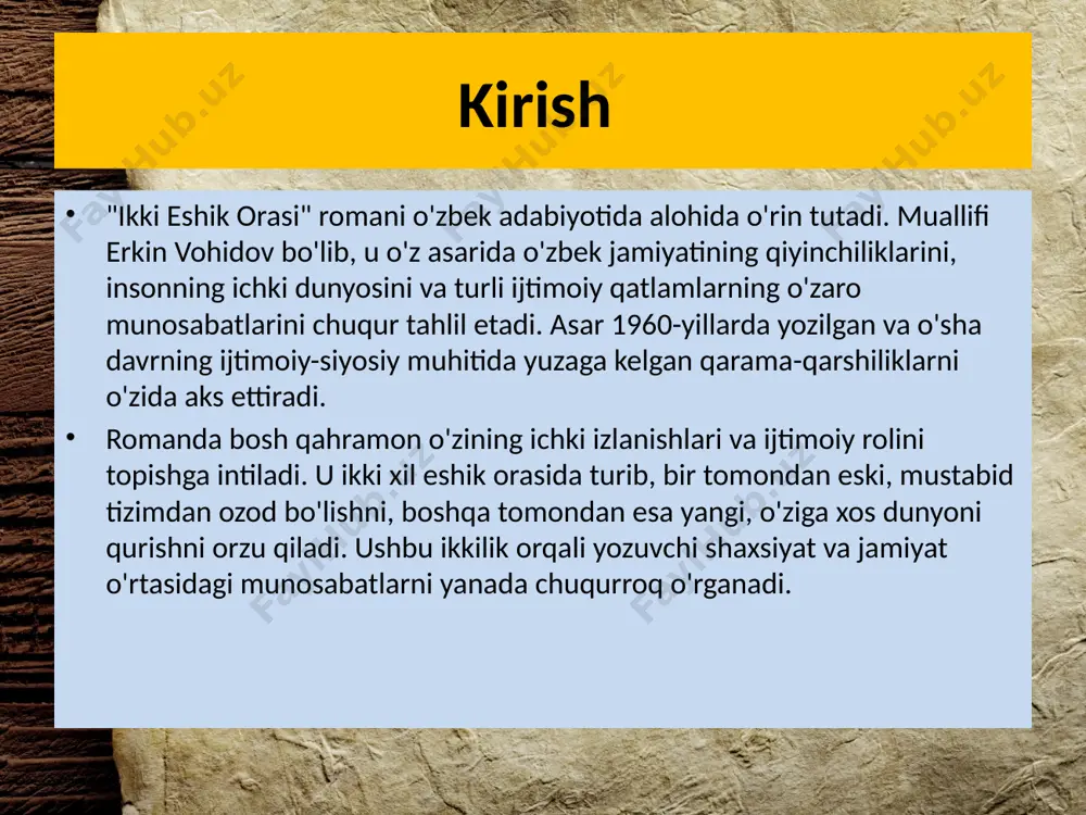 poetik usul yozuvchidan yuksak mahorat talab qiladi, albatta. aks holda, syujet zanjirida uzilish yuz berib, voqealar sochilib ketgan bo‘lar edi. biroq romanning ta’sir quvvati, ichki intizomi o‘quvchida juda yaxshi taassurot qoldiradi. «ikki eshik orasi» romanidagi orif oqsoqol, husan duma, komil tabib kabi obrazlar o‘z individual qiyofasi bilan ajralib turadi. ayniqsa, orif oqsoqol obrazi romanga ko‘rk bag‘ishlaydi. uning insonparvarligi, odamlar orasida qozongan obro‘-e’tibori, eng og‘ir damlarda qiyinchiliklarni yengib o‘tishga kuch topishi bilan o‘quvchi xotirasiga muhrlanadi. u donishmand, tajribali, hayotning achchiq-c huchugini tatib ko‘rgan o‘zbek qariyalariga o‘xshab har bir ishda tashabbuskorlikni o‘z qo‘liga oladi. orif oqsoqol haqiqatgo‘yligi bois o‘zi anglab yetgan bor haqiqatni yuzga aytishdan cho‘chimaydi. undagi jasorat va shijoat boshqalarga ilhom beradi. u odamlarga baho berganida xalqona ta’bir bilan «mard odamning belida belbog‘i bo‘lishi kerak» degan taomilga rioya qiladi. atrofidagi odamlarning ruhiy butunligini, jo‘mardligi va odamiyligini sadoqat, va’daga vafo, ezgu amallar bilan o‘lchaydi. ba’zan ayollarga ham shu o‘lchov bilan yondashadi. romanda …