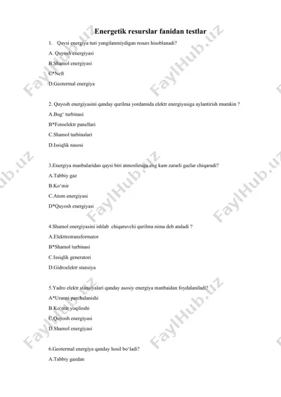 energetik resurslar fanidan testlar — DOCX