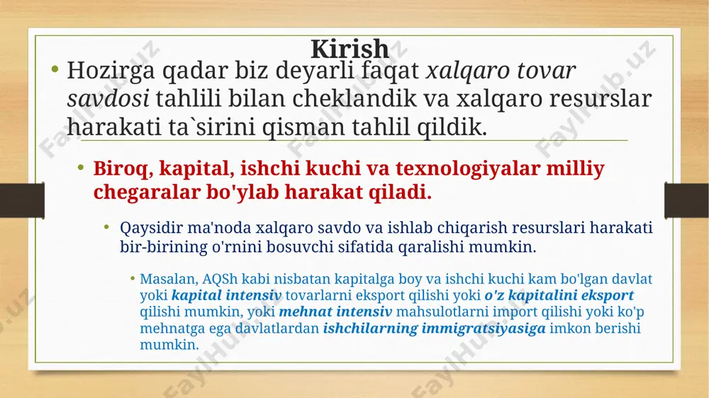rdan nisbatan tanqis va yuqori ish haqiga ega davlatlarga harakati 4 transmilliy kompaniyalar xalqaro darajada kengayishiga asosiy sabablar nima? savdoni kengaytirish resurslarga ega bo`lish risklarni diversifikatsiya bugungi kunda tmk jahon yaim-ning 25 foizini tashkil etadi va firma ichki (intrafirm) savdo (ya'ni, asosiy firma va uning xorijiy filiallari o'rtasidagi savdo) jahon savdo hajmining uchdan bir qismini tashkil etadi. serob va kam ish haqiga ega davlatlardan nisbatan tanqis va yuqori ish haqiga ega davlatlarga harakati 5 xalqaro kadrlar boshqaruvining asosiy vazifalari ishga yollash (recruitment) strategiyalari kadrlarni rivojlantirish va o‘qitish dasturlari xodimlarni joylashtirish va moslashuv jarayoni (relocation and adaptation) ijro etiladigan qonunchilik va madaniy tafovutlarni hisobga olish xalqaro inson resurslarini boshqarish ko'p millatli tashkilotlarda inson resurslarini ta'minlash, tashkil etish va haq to'lash boshqaruvi sifatida ta'riflanadi. ihrm inson resurslari va biznesning globallashuvidan kelib chiqadigan muammolar va muammolarni hal qilishning boshqaruv yondashuvlarini anglatadi. ishchi kuchi migratsiyasi xalqaro migratsiya - bu odamlar ma'lum bir vaqt ichida …