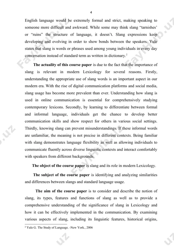 , distribution and its semantic features. most etymologists and linguists agree that the term slang is ‘‘unknown’’ in history. as in the past eras, slang is related to criminals or thieves’ things. in this era slang is not combined with criminals and sometimes the young people use slang as a fantastic way to communicate with each other. it is affected by the innovations of technology leading to globalization and various societies. according to some linguists’ view slang terms are primary opponents to standard language and claim it as wrong and uncontrollable while others debate that slang is unconventional vocabulary, unsystematic and improper language usage. the resume of the history of slang began in the 16th century is the beginning of slang language and is considered the earliest time in the evolution of slang words in culture and it was an unusual word – the slang language related to a beggar, …