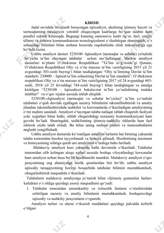 iplom oldi amaliyoti (2022/2023 o‘quv yili uchun 5-kurs) 16 16 hafta 1-bob. 4-kurs uchun malakaviy amaliyoti 1.1-§. amaliyotning maqsad va vazifalari malakaviy amaliyot o‘quv jarayonining asosiy qismlaridan biri hisoblanadi. 5230100 – iqtisodiyot (tarmoqlar va sohalar bo‘yicha) bakalavriat ta’lim yo‘nalishi sirtqdan o‘qiygan talabalari uchun 4-kurs 8-semestrida o‘tkazishi o‘quv rejaga muvofiq belgilangan. amaliyotga talaba o‘quv rejasiga binoan 4 haftaga ishlab chiqarish korxonalari va tashkilotlarga yuboriladi. amaliyot natijalari hisobot shaklida bajarilib, kafedrada himoya qilinadi. malakaviy amaliyotining maqsadi – talabaning mutaxassislik fanlaridan olgan bilimlarini amaliy jihatdan mustahkamlash, talabada o‘z bilimlarini amaliyotda qo‘llash uchun sharoitlarni yaratgan holda, tajribasini oshirish hisoblanadi. ushbu maqsaddan kelib chiqib malakaviy amaliyot quyidagi vazifalarni bajaradi: 1. korxona bilan umumiy tartibda tanishish va amaliyot rahbarini tayinlash. bu bo‘limda talaba korxonaga amaliyot o‘tash uchun tashrif buyuradi va korxonaning umumiy bo‘limlari va amaliyot rahbari bilan tanishadi. 2.korxonaning umumiy harakteristikasi va boshqaruv strukturasi: ushbu bo‘limda quydagilar o‘rganiladi , · korxonaning tashkiliy xuquqiy shakli; · korxona …