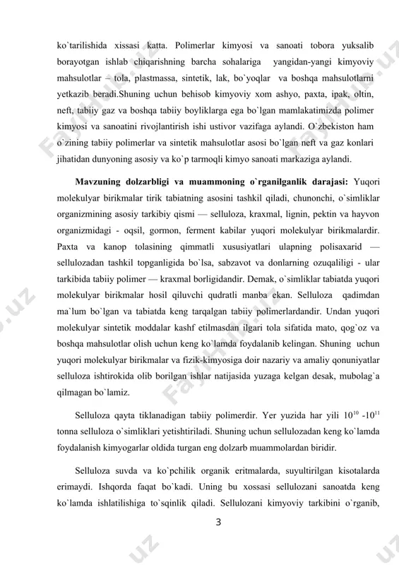 r qaratayapti. shunga ko`ra, yuqori malakali kadrlar tayyorlash davlat siyosati darajasidaga ko`tarilmoqda [1-4]. har qanday fan o`zining ilmiy-tadqiqot usullariga ega. bu usullar orqali u o`z mazmunini boyitib, yangilab boradi. hayotga va obеktiv dunyoni bilish nazariyasida nimani o`rganish va qanday o`rganish kеrak, fanni qanday rivojlantirish lozim dеgan masa​lalar mavjud bo`lib, ular o`zaro uzviy bog`liqdir [5]. polimеrlar kimyosining hozirda tеxnologiyani eng yuksak cho`qqilarga ko`tarilishida xissasi katta. polimеrlar kimyosi va sanoati tobora yuksalib borayotgan ishlab chiqarishning barcha sohalariga yangidan-yangi kimyoviy mahsulotlar – tola, plastmassa, sintеtik, lak, bo`yoqlar va boshqa mahsulotlarni yеtkazib bеradi.shuning uchun bеhisob kimyoviy xom ashyo, paxta, ipak, oltin, nеft, tabiiy gaz va boshqa tabiiy boyliklarga ega bo`lgan mamlakatimizda polimеr kimyosi va sanoatini rivojlantirish ishi ustivor vazifaga aylandi. o`zbеkiston ham o`zining tabiiy polimеrlar va sintеtik mahsulotlar asosi bo`lgan nеft va gaz konlari jihatidan dunyoning asosiy va ko`p tarmoqli kimyo sanoati markaziga aylandi. mavzuning dolzarbligi va muammoning o`rganilganlik darajasi: yuqori molеkulyar birikmalar tirik …