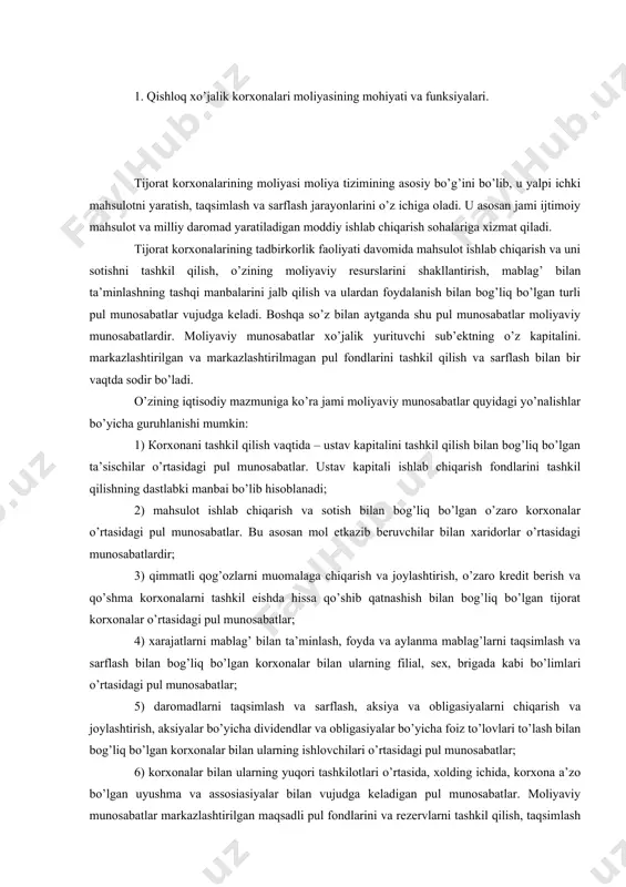 mol etkazib beruvchilar bilan xaridorlar o’rtasidagi munosabatlardir; 3) qimmatli qog’ozlarni muomalaga chiqarish va joylashtirish, o’zaro kredit berish va qo’shma korxonalarni tashkil eishda hissa qo’shib qatnashish bilan bog’liq bo’lgan tijorat korxonalar o’rtasidagi pul munosabatlar; 4) xarajatlarni mablag’ bilan ta’minlash, foyda va aylanma mablag’larni taqsimlash va sarflash bilan bog’liq bo’lgan korxonalar bilan ularning filial, sex, brigada kabi bo’limlari o’rtasidagi pul munosabatlar; 5) daromadlarni taqsimlash va sarflash, aksiya va obligasiyalarni chiqarish va joylashtirish, aksiyalar bo’yicha dividendlar va obligasiyalar bo’yicha foiz to’lovlari to’lash bilan bog’liq bo’lgan korxonalar bilan ularning ishlovchilari o’rtasidagi pul munosabatlar; 6) korxonalar bilan ularning yuqori tashkilotlari o’rtasida, xolding ichida, korxona a’zo bo’lgan uyushma va assosiasiyalar bilan vujudga keladigan pul munosabatlar. moliyaviy munosabatlar markazlashtirilgan maqsadli pul fondlarini va rezervlarni tashkil qilish, taqsimlash va sarflash, marketing izlanishlarini, ilmiy-tekshirish ishlarini bajarish, ko’rgazmalar tashkil qilish, investisiya loyihalarini amalga oshirish va aylanma mablag’larni to’ldirish uchun qaytarish sharti bilan moliyaviy yordamlar ko’rsatish jarayonida vujudga keladi; 7) soliq …