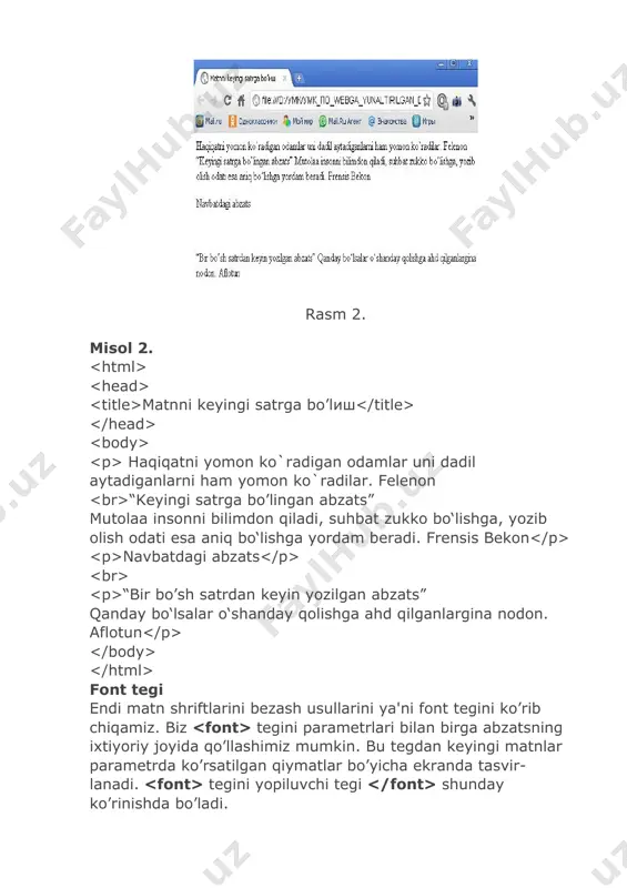 ishimiz lozim: navbatdagi face parametri esa qo’llanilishi kerak bo’lgan shriftni belgilaydi. biz matnni face yordamida times new roman yoki copperplate gothic shriftlari yordamida tasvirlanishini ko’rsatishimiz mumkin. biz web sahifada ishlatgan shrift foydalanuvchi kompyuterida operatsion sistemaga o’rnatilmagan bo’lishi mumkin, u holda brauzer o’z qoidalari asosida ish yuritadi. har bir brauzerda web sahifani yuklashda qaysi shriftlardan foydalanish kerakligini ko’rsatib turuvchi sozlash bo’limi mavjud. face parametri qiymati sifatida ko’pincha vergullar bilan ajratilgan shriftlar ro’yxati keltiriladi. brauzer ro’yxat bo’yicha o’z operatsion sistemasidan (tizimidan) shu shriftlarni qidiradi va birinchi topilgan shrift bo’yicha matnni tasvirlaydi. endi esa font tegining barcha parametrlari qatnashgan misolni ko’ramiz: yuqoridagi tegda shu tegdan keyingi matn to’rtinchi o’lchamda, qora rangda va courier new yoki bu shrift sistemaga o’rnatilmagan bo’lsa arial black shriftida tasvirlanish kerakligi e'lon qilingan. matn muharrirlari bilan ishlash jarayonidan bilamizki, matnlarni xar-xil ko’rinishda ifodalanish mumkin: qalinlashtirilgan (polujirniy), qo’lyozma shaklida (kursiv), tagi chizilgan (podcherknutiy) … bu elementlarni ixtiyoriy grafik brauzerlar bir …