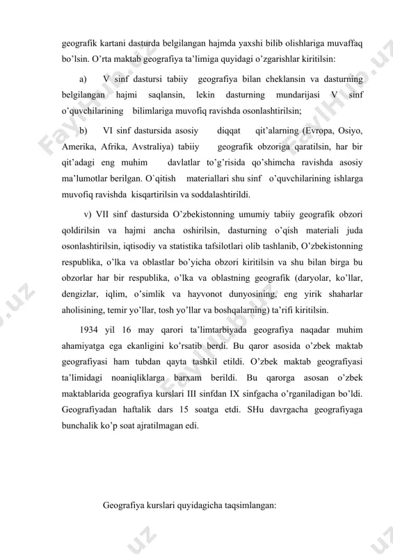 afik obzori — haftada 2 soat. vii sinf — o’zbekiston tabiiy geografiyasi (umumiy tabiiy geografik va rayonlar obzori) — haftada 2 soat. viii sinf — o’zbekiston iqtisodiy geografiyasi — haftada 2 soat. ix sinf — jahon mamlakatlari iqtisodiy-ijtimoiy geografiyasi — haftada 2 soat. maktab geografiya kurslari asosan 3 davraga to’plandi: birinchi davra i-iii sinflarda tabiatshunoslik geografiya. ikkinchi davra — v, vi va vii sinflardagi tabiiy geografiya. uchinchi davra — viii va ix sinflardagi iqtisodiy geografiya. usha davrdagi o’quvchilarning bir qismi umumiy ta’limni etti yillik maktabni bitirish bilan tugallashlarini nazarda tutib, vi va vii sinflardagi geografiya kurslariga iqtisodiy geografik ma’lumotlar ham kiritilgan edi. bu bosqichda maktab tabiiy geografiya ta’limi metodikasining asosiy yo’nalishi quyidagilardan iborat edi; barcha geografiya kursida kartani o’rganishga ko’proq e’tibor berish; geografiya o’qitishda faktik materiallarga asoslanmagan quruq sxemalarga suyanmay, aniq bilimlarga e’tiborni kuchaytirish; ko’rsatmali qo’llanmalardan va ekskursiyalardan ko’proq foydalanish. shunday qilib, o’zbek maktablarida tabiiy geografiya ta’limi muayyan sistemaga tushdi …