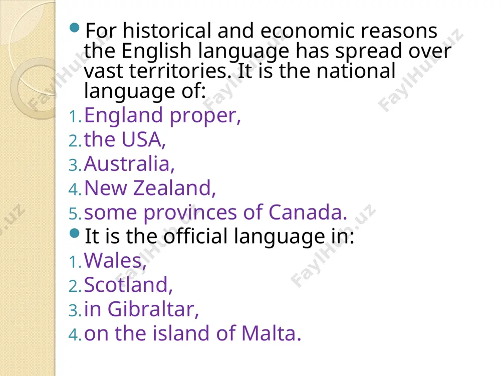 hared with scottish english, e.g. : ava – ‘at all’; greet – ‘cry, weep’; brae – ‘hill, steep slope’. besides distinctive features in lexis irish english has grammatical, phonetical and spelling peculiarities of its own, e.g. : the use of ‘does be/ do be’ construction in the following phrase: ‘they do be talking on their mobiles a lot’; the plural form of you is distinguished from the singular, normally by using the otherwise archaic english word ye to denote plurality, e.g. ‘did ye all go to see it?’ variants of english outside the british isles: american english, canadian english, australian english, new zealand english, south african english, indian english, etc. american english is the variety of the english language spoken in the usa. the first wave of english-speaking immigrants was settled in north america in the 17th century. there were also people who spoke dutch, french, german, spanish, swedish, and …