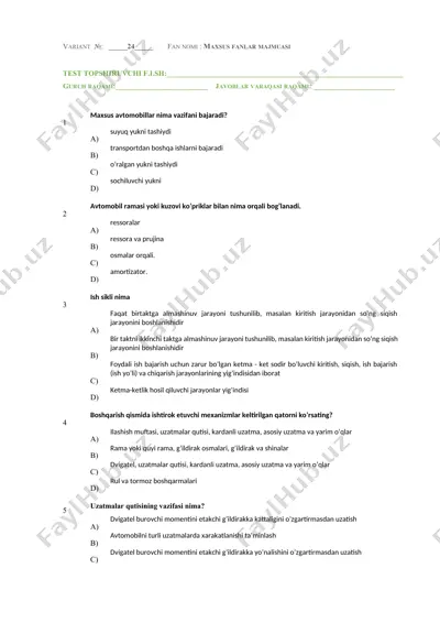 variant №24 – maxsus fanlar majmuasi test topshiriqlari varaqasi — DOCX