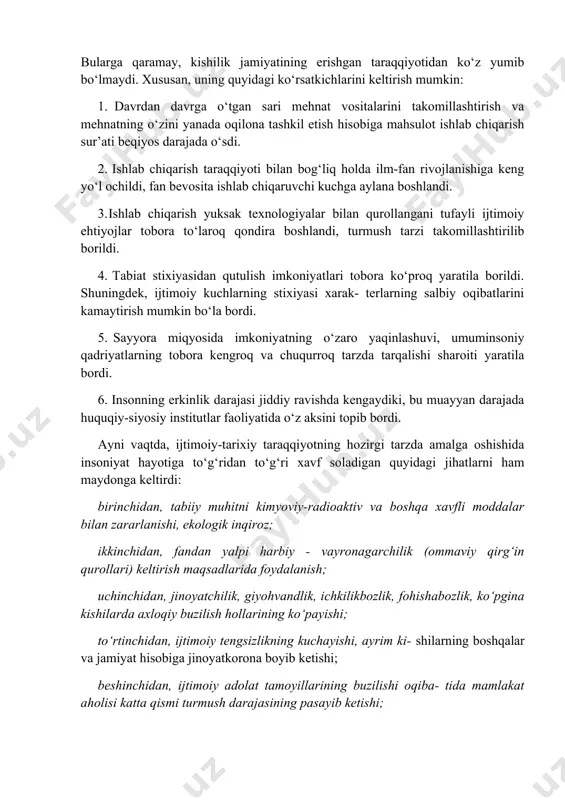 j.a.kondorse, nemislar i.kant, i.gerder, g.v.f.gegel va boshqalar qarashlariga ko‘ra taraqqiyot fan, san’at, din, falsafa, huquq rivojlanishida ifodalanadi. k.marksning qarashlariga ko‘ra taraqqiyot ishlab chiqaruvchi kuchlar rivojlanishiga tayanadi. lekin taraqqiyotni bunday tushu- tarixning chiziqli kechishi masalasi nishda insonning o‘rni tarixda lozim darajada aks etmaydi. holbuki, tarix, dastavval, inson tarixi - kishilar tarixidir. ularning tarixi doirasidagina moddiy jarayonlar o‘tmishning mazmuni, mohiyati ifodalanadi. xx asrga, ayniqsa, uning oxirlariga kelib ijtimoiy dinamizmning doiraviy tarzda yuz berishi to‘g‘risidagi qadimdan mavjud bo‘lgan qarashlar yangi mazmun kasb etib, tarqala boshladi. darhaqiqat, insoniyat tarixida voqealarning muayyan maromda yuz berishi va takrorlanishi sharqda ham, g‘arbda ham e’tiborda bo‘lgan. asta-sekin kishilik dunyosi rivojlanishining davriy tarzda yuz berishi g‘oyasi shakllangan. hozirgi davrning mashhur tarixchisi f.brodelning (fransiya) ta’kidlashicha, tarixiy voqealar - bular changlar, ulardagi asosiy jihat davriyliklardan iboratdir. bunda jarayonlar boshlanganidan ularning tugashigacha bo‘lgan vaqt olinadi. davriy o‘zgarishlar ikki xil tarzda: tizimiy-mutanosiblik va tarixiy shakllarda kechishi qayd etiladi. ulardan birinchisida ijtimoiy o‘zgarishlar bir …