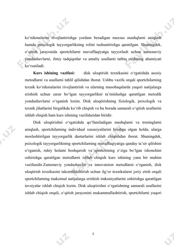 boshqa yengil atletika turlaridan farqli ravishda o‘ziga xos ko‘nikmalarni talab qiladi. disk uloqtirishni o‘rgatish jarayonida o‘qituvchi sportchining individual xususiyatlarini hisobga olish, unga mos keladigan o‘qitish metodlarini tanlash va texnik ko‘nikmalarni bosqichma-bosqich rivojlantirishni nazarda tutishi lozim.disk uloqtirishning asosiy turlari diskni bir qo‘l bilan yoki ikki qo‘l bilan uloqtirishdan iborat. biroq, disk uloqtirishning ko‘plab texnik jihatlari, masalan, diskni to‘g‘ri ushlash, balansni saqlash, harakatning tezligini va kuchini to‘g‘ri tartibga solish, sportchining muvaffaqiyatiga bevosita ta’sir qiladi. shuning uchun, disk uloqtirishni o‘rgatish jarayonida sportchilarni avvalo to‘g‘ri harakatlarni amalga oshirishga o‘rgatish zarur. bu o‘qitish jarayonida sportchilarning texnikasi, kuchi, moslashuvchanligi va muvozanati yaxshilanadi, va bularning barchasi musobaqalardagi natijalariga bevosita ta’sir qiladi. o‘qitish jarayonida disk uloqtirishning asosiy elementlari o‘rganiladi: diskni qanday qilib eng samarali va to‘g‘ri ushlash, uni qanday qilib to‘g‘ri uchirish, harakatlar ketma-ketligini qanday to‘g‘ri tashkil etish kerakligi . disk uloqtirishning texnikasini o‘rgatishda sportchilarga quyidagi asosiy jihatlar o‘rgatiladi: diskni boshlang‘ich pozitsiyadan olib, maksimal kuch va aniqlik bilan …