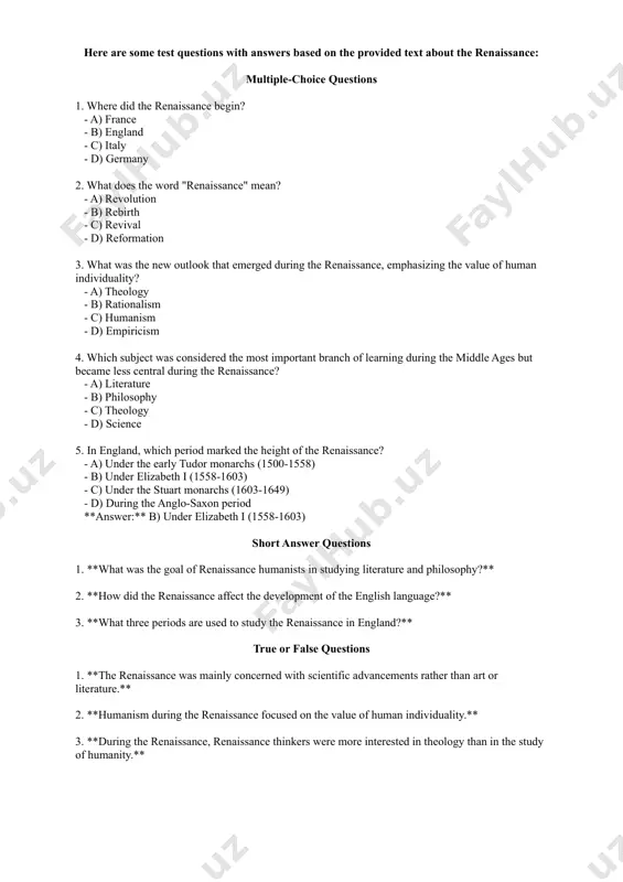 0-1558) - b) under elizabeth i (1558-1603) - c) under the stuart monarchs (1603-1649) - d) during the anglo-saxon period **answer:** b) under elizabeth i (1558-1603) short answer questions 1. **what was the goal of renaissance humanists in studying literature and philosophy?** 2. **how did the renaissance affect the development of the english language?** 3. **what three periods are used to study the renaissance in england?** true or false questions 1. **the renaissance was mainly concerned with scientific advancements rather than art or literature.** 2. **humanism during the renaissance focused on the value of human individuality.** 3. **during the renaissance, renaissance thinkers were more interested in theology than in the study of humanity.** here are some test questions with answers based on the provided text about sir thomas more: multiple-choice questions 1. what high judicial position did sir thomas more hold in england? - a) prime minister - b) lord …