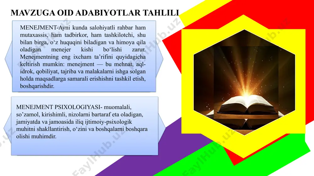 yangilik, yutuq va takliflarni berish direktor, direktor o‘rinbosarlari doimiy domiy o‘z ustida ishlovchi faol o‘qituvchilarga aylanadi. dars taqsimotidagi adolatsizlik o‘zbekiston respublikasi adliya vazirligi tomonidan 2020-yil 30-iyunda ro‘yxatdan o‘tkazilgan, ro‘yxat raqami 3271 direktor otibdo‘ avgust, dekabr o‘qituvchilarning faolligini oshiradi chora-tadbirlar rejasi foydalanilgan adabiyotlar o‘zbekiston respublikasi konstitutsiyasi 2023-yil 30-aprel menejment. n.m.ziyavitdinova, y.m.o‘rinov, sh.n. xayitov. toshkent-2012 yil. “tafakkur-bo‘stoni” menejment psixologiyasi. m.y.otajonov. toshkent-2003 yil. “ilm-ziyo” ta’lim to‘g‘risidagi qonun. https://lex.uz/docs/5013007 mehnat kodeksi. https://lex.uz/docs/6257288 e’tiboringiz va sabringiz uchun rahmat! menejerlik o‘quv kursi tinglovchisi: nabijonov avazjon muxamadjonovich “eng yaxshi sarmoya – farzand bilim olishi uchun sarflangan sarmoya” image1.png image5.png image2.png image3.png image4.jpeg image6.jpeg image7.jpeg image8.jpeg image9.jpeg image10.png image11.png image12.png image13.jpeg image14.jpeg image15.jpeg image16.jpeg image17.png image18.svg image19.jpeg image20.png image21.png image22.jpeg image23.jpeg image24.jpeg image25.png /docprops/thumbnail.jpeg
