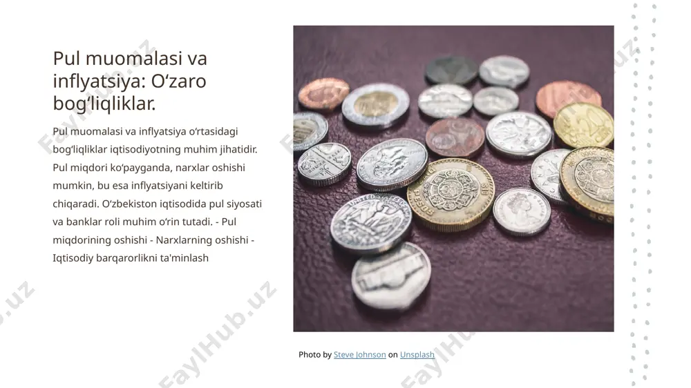 lqaro iqtisodiy integratsiya jarayonlarida faol ishtirok etadi, bu esa mamlakatlar o'rtasida savdo aloqalarini kengaytiradi va barqarorlikni ta'minlaydi. 4 xalqaro hamkorlik banklar xalqaro hamkorlikni rivojlantirish orqali tajriba almashinuvi va innovatsiyalarni qo'llab-quvvatlaydi, bu esa iqtisodiy o'sishga ijobiy ta'sir ko'rsatadi. xulosa pul muomalasi va rivojlanish kredit tizimlarining ahamiyati banklar va moliya barqarorligi pul muomalasi iqtisodiy o‘sish va barqarorlikni ta'minlashda muhim rol o'ynaydi, ayniqsa o‘zbekiston iqtisodida. bu jarayonlar o'zaro bog'liqdir. kredit tizimlari iqtisodiy barqarorlikni saqlashda va investitsiyalarni rag'batlantirishda muhim ahamiyatga ega. banklar orqali taqsimlangan kreditlar iqtisodiy faoliyatni rivojlantiradi. banklar moliya barqarorligini ta'minlashda, inflyatsiyani nazorat qilishda va xalqaro savdo jarayonlarida muhim o‘rin egallaydi. ular iqtisodiy integratsiyani kuchaytiradi. e'tiboringiz uchun rahmat! image1.jpg image2.jpg image3.jpg /docprops/thumbnail.jpeg