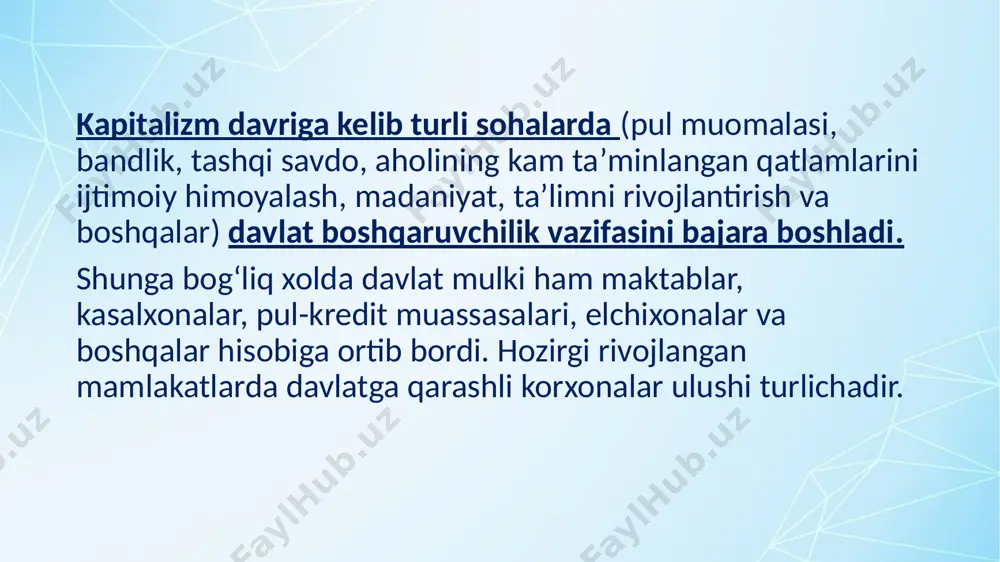 lashtirish usullari korxonani imtiyozli shartlarda sotish aksiyalarni sotish korxonalarni ijaraga berish mulkni bepul berish mayda korxonalarni kim-oshdi savdosida sotish va boshqalar. o’zbekistonda davlat mulkini xususiylashtirish jarayonida ikkita muhim strategik vazifa hal etilishi ko'zda tutilgan birinchi strategik vazifaning asosiy mazmuni — bu davlat tasarrufidan chiqarilayotgan va xususiylashtirilayotgan mulkning haqiqiy mulkdorlar qoliga berilishi iqtisodiy munosabatlarni tubdan o‘zgartirish uchun real shart-sharoit yaratishga imkon tug'diradi xususiylashtirishning ikkinchi strategik vazifasi esa iqtisodiyotda ko‘p ukladlilikni hamda rag‘batlantiruvchi kuchga ega bo‘lgan raqobat muhitini yaratish, shu orqali davlatni mulkka bo'lgan monopol huquqini tugatish, xususiy mulkchilikning turi shaklidagi korxonalarni tasis etishdir. o’zbekistonda xususiylashtirish bosqichlari birinchi bosqich «kichik xususiylashlirish» davri -1992—1993 yillar ikkinchi bosqichi ommaviy xususiylashtirish» davri -1 994—1998-yillar uchinchi bosqich «yakka tartibda xususiylashtirish» davri - 1999 yildan hozirgacha image1.jpg /docprops/thumbnail.jpeg
