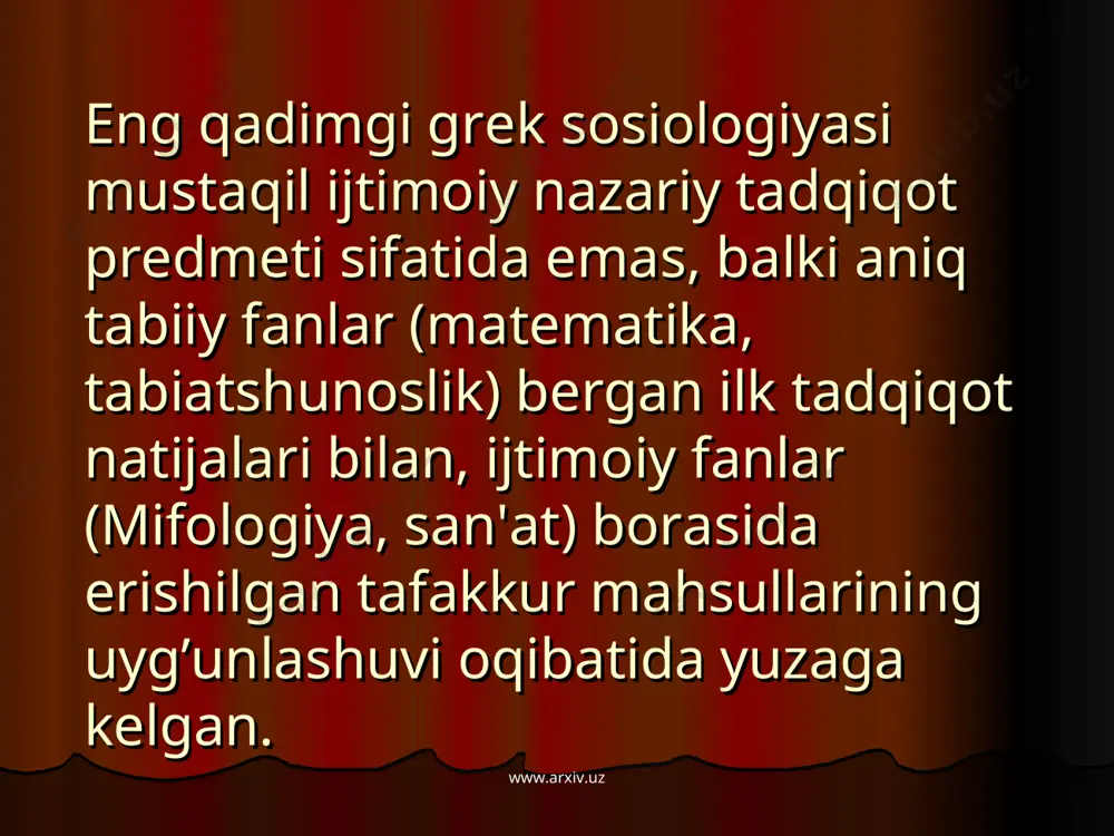 ojlantirdi. u o’zining "fozil odamlar shahri" asarida insondagi insonlik mohiyati o’zlikni anglashdan boshlanishini, fozil shaxs voqea va hodisalarning mohiyatini idrok eta bilishini, mohiyatga intilishi , insonga berilgan ruh aqlni rivojlantirishga, unga quvvat bag’ishlashga mas'ul ilohiy kuch ekanligini, aql esa inson tomoni­dan narsalarni moќiyatan tanlab firqlashga ko’mak berishini asoslab beradi www.arxiv.uz www.arxiv.uz 2.birinchi ming yillikning so’ngida (973 yil 4 sentyabr) tavallud topgan ulug’ bobokalonimiz abu rayxon beruniy ham sosiologiya nazariyasini rivojlantirish ishiga ulkan hissa qo’shdi. abu rayxon beruniy dunyoning sosiologik manzarasi evolyusion jarayon natijasida tarkib topganligini alohida qayd etadi."tuzilish va buzilish natijasida unsur bo’laklari bir-biriga qo’shilib, dunyo obod bo’lgan va olam tartibga tushgan"-deydi u. ayni chog’da beruniy olamni ijtimoiy taraqqiyotga olib keluvchi kuch ziddiyat va qarama-qarshiliklar emas balki, turli ijtimoiy darajalardagi murosa va konsensus ekanligini uqtiradi. “qarama-qarshiligi ravshan ayon bo’lgan narsaga qanday ishonib bo’ladi", deb mutafakkir qarama-qarshiliklardan holi bo’lgan jarayonlarida o’zgarish extiyoji kuchayishiga ishora qiladi. beruniy sosiologiyadagi muhim soha ijtimoiy tabaqalashuv …