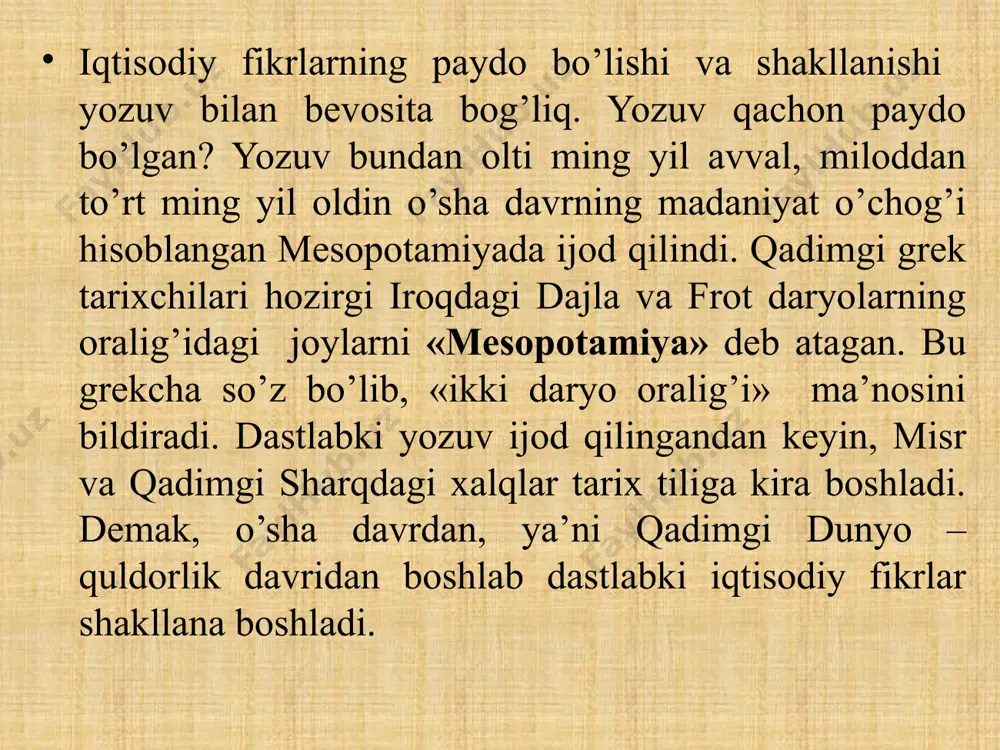 di; chorvachilikni rivojlantirishga ahamiyat beriladi; turli tabiiy ofatlarga qarshi oziq-ovqatlar zaxirasini barpo qilish qo‘llab-quvvatlanadi; yer, suv, havoni bulg‘ash, ifloslantirish og‘ir gunoh hisoblanadi. “avesto”dagi iqtisodiy fikrlar «avesto»da tasvirlangan ilk davlatchilik asoslarining vujudga kelish davrlari ko‘rinishlari birinchi davr ikkinchi davr uchinchi davr eng qadimgi davr bo‘lib, bunda adolat va insoniy baxt-saodat hukmron bo‘lgan. yaxshilik ruhlari bilan yomonlik ruhlari o‘rtasidagi adolat uchun kurash davom etgan. aql-idrok va adolat tantana qilib, dehqonlar badavlat, davlatning siyosiy va qonunchilik tizimini mustahkam bulishi uchun yaxshilik ta’limini va sadoqatini amalga oshiruvchi hokimlar hukm yuritgan. “avesto”dagi miloddan avvalgi vii-vi asrlarda davlat va uning hududiy boshqaruv tizimi uy egasi qishloq oqsoqollar kengashi nmanapati uy–qo‘rg‘on jamoasi qishloq jamoasi oqsoqoli bir necha qishloq jamoalari hanjmana vispati boshqaruv tartibi «avesto» tushunchalari viloyatlar hokimi viloyatlar hukmdori viloyat (bir necha tuman) viloyatlar mamlakat (qabilalar ittifoqi) mamlakat hukmdori va oqsoqollar kengashi dax’yupati daxiyusastar kavi, dax’yupati “avesto”dagi miloddan avvalgi vii-vi asrlarda xususiy mulk turlari xususiy mulk uy-joy …