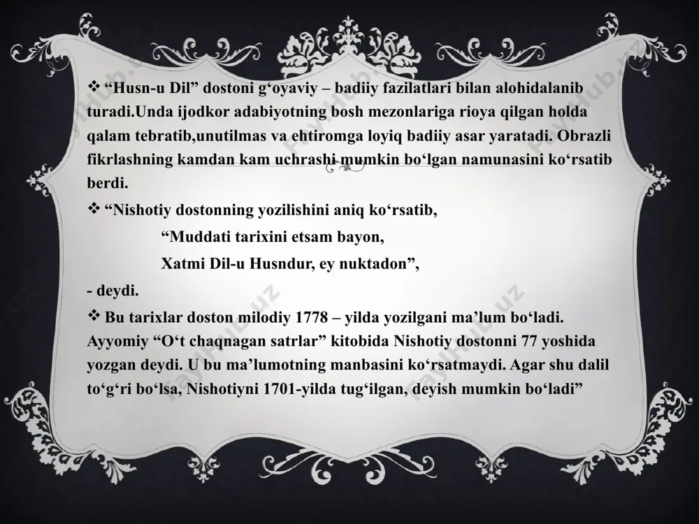 hqni majoz usulida tasvirlashdan maqsad uni real hayotiy material orqali ko‘rsatishdir; tirik insonlarning shavq-u zavqi, g‘am va shodliklari, kurash va dramalari obrazlarda,voqea-hodisalar tasviri jarayonida beriladi, natijada so‘fiyona dard g‘alayoni keng o‘quvchilar tab’iga mos keladiga sarguzasht ishqiy qissa ichida gavdalanadi. buni falsafiy-tasavvufiy ma’noni hayotiy material orqali badiiy talqin etish, deb atash mumkin. zotan, hayotning o‘zi butun murakkabligi, ziddiyatlari bilan iloh ilmining tafsiri, obrazlarda ko‘rinishidir. shunday ekan, shoir xoh majoz yo‘sinida bo‘lsin, xoh to‘g‘ridan to‘g‘ri haqiqatni qalamga olsin – u buyuk tangri ma’rifatining badiiy talqinchisi bo‘lib maydonga chiqadi.” badiiy adabiyot ko‘chimga asoslanish bilan ham o‘ziga xoslik kasb etadi. shu bois “ko‘chim” nima, qanday turlari bor, degan savollarga adabiyot darsliklarida javob bo‘lishi lozim. ko‘chimni yaxshi tushunish o‘quvchining badiiy adabiyotni tushunishini bir necha barobar osonlashtiradi. majoz adabiy asarda o‘quvchiga noaniqroq bo‘lgan tushunchani ko‘pchilikka ma’lum bo‘lgan narsalarga xos belgilar bilan ifodalashdir… ramz ham ko‘chimning keng tarqalgan turlaridan biridir. o‘quvchi anglashi murakkabroq bo‘lgan mavhum axloqiy ma’naviy …