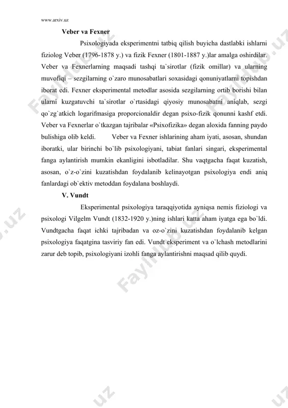 mayatnik graduslarga bo`lingan yoy atrofida xarakatlanadi va xar bir ma`lum vaqtdan keyin shingirlaydi. bu psixologik elementlar uchun kashf etilgan birinchi asbob edi. ilmiy (izoxli) psixologiyani oyoqqa turgizish uchun vundt qo`shimcha vosita sifatida yondosh fanlar, ayniqsa fiziologiya, astronomiya, etnografiya, tarix, mifologiya va boshqa fanlardan olingan ma`lumotlardan foydalanish zaruriyatini ilgari surdi. leypcig laboratoriyasi va institutidan namuna olib, germaniyaning boshqa universitetli shaxarlarida ham , shuningdek boshqa mamlakatlarda ham , jumladan franciya, angliya va amerikada laboratoriya ham da institutlar tashkil qilindi. xix asrning oxirida rossiyada ham bir qancha eksperimental psixologiya laboratoriyalari tashkil qilindi: moskvada tokarskiy, qozonda bexterev, odessada n.n.langerlar tomonidan shunday laboratoriyalar ochildi. 1911 yil moskva universiteti xuzurida, maxsus qurilgan binoda professor chelpanov raxbarligida eksperimental psixologiya instituti tashkil qilindi. xozirgi vaqtda bu institut rf pedagogika fanlari akademiyasi sistemasiga kiradi. professor a. f. lazurskiy (1874-1917 y.) tomonidan eksperimental metodning aloxida turi – tabiiy eksperimental ishlab chiqarilgan. eksperimentning bu turidan bizda bolalar psixologiyasini o`rganishda, pedagogika masalalarini, …