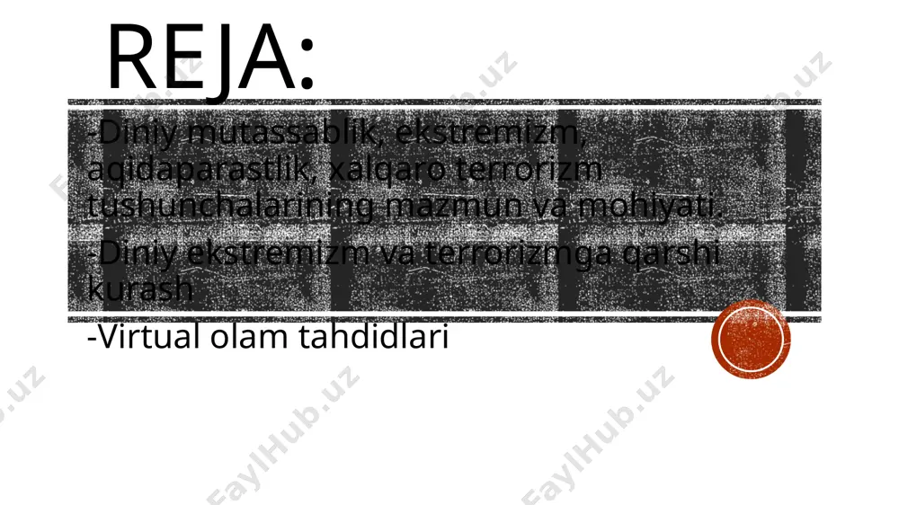 yoshlarni ongli tarbiyalash ish o’rinlarini yaratish diniy va mafkuraviy savodxonlikni oshirish xavfsizlik xizmatlarining kuchaytirilishi. terroristik va ekstremistik guruhlarning moliyaviy manbalari giyohvand moddalar savdosi- afg’oniston va lotin amerikasi qora bozor va kontrabanda-qurol-yarog’, yoqilg’i, odam savdosi, qadimiy ashyolar kontrabandasi orqali soliq va bosim ostidagi to’lovlar-ular nazorat qiladigan hududlardagi aholi yoki korxonalarga solingan majburiy soliqlar orqali xayriya jamg’armalari- ba’zan diniy yoki ijtimoiy ko’rinishga ega fondler orqali pul yig’ilib keyinchalik ekstremistik maqsadlarda ishlatiladi internet orqali mablag’ yig’ish-kriptovalyuta, ijtimoiy tarmoqlar va crowdfunding platformalari orqali anonim ravishda pul olishadi. 2024-yilgi global terrorizm index(gti) ma’lumotlariga ko’ra, eng ko’p terroristic hujumlar sodir bo’ladigan va sodir etadigan guruhlar faoliyat yuritadigan davlatlar afg’oniston burkina-faso somali (al-shabob guruhi faol) mali (al-qoida va is bilan bog’liq guruh ) suriya pokiston (tehriki-taliban) nigeriya (boko haram va iswap) myanma niger iroq o’zbekistonda terrorizm holati: o’zbekiston terrorizm tahdidi bo’yicha 90-o’rinni egallab,uning reytingdagi balli 0.233 bo’lib, bu faoliyatning juda past darajada ekanini ko’rsatadi so’nggi yillarda o’zbekiston …