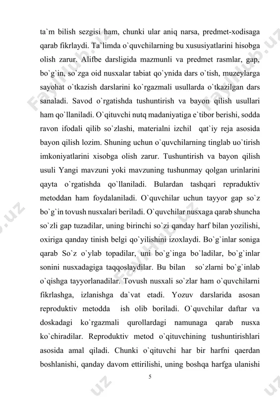 di. o`qishga o`rgatishda bo`g`in asos qilib olinadi. buning uchun o`qituvchida bo`g`in jadvali bo`lishi kerak. bo`g`in jadvali asosida o`qish namunasi ko`rsatiladi. bo`g`in o`qish xar bir darsda izchil olib boriladi. bunday jadvallardan foydalanish mumkin. a a o o` i u n tilning i alifbe sahifalaridagi so`zlarni oldin bo`g`inga bo`lish, so`ng o`qishni mashq qilish yaxshi samara beradi. o`qituvchining namunali o`qishidan sung xor bilan o`qish , yakka o`qishdan shivirlab o`qishdan foydalaniladi. ayniqsa sekin o`qiydigan o`quvchilar bo`lgan sinflarda xor bilan o`qitish o`qishni tezlashtiradi. matndagi so`zlarni sinf doskasida bo`g`inlarga bo`lib yozish o`rganilgan harflarni hisobga olgan holda qo`shimcha so`z birikmalari gaplar tuzib yozish va o`qitish usulidan ham foydalaniladi. alifbe sahifalarida bo`g`in tuzilishi murakkablashib boradi. shuning uchun o`qituvchi har bir bo`g`in tuzilishining murakabligiga qarab ish usullarini belgilab olishi zarur. masalan: 3 tovushdan tuzilgan, 4 tovushdan tuzilgan bo`g`inlarni o`qishga o`rgatish ham o`ziga xos qiyinchiliklarni keltirib chiqaradi. bunda olam, mannon tipidagi bo`g`inlarda –o-la:m, ma:n-no:n tarzidagi qo`shimcha chiziqdan, bod-ring, do`st tipidagi …