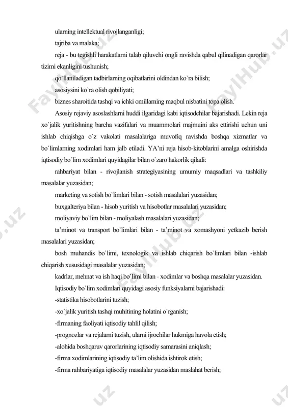 li shikoyatlar va takliflarni ko`rib chiqish va b. -firmalarda iqtisodchilar ishida tegishli yechimini talab etuvchi qator muammolarni (yoki kamchiliklarni) uchratish mumkin: -ishlarni ahvolini batafsil tahliliy sharhlash o`rniga iqtisodiy hayot faktlarini oddiy izohlash; -olingan natijalarni oddiy tarzda qayd etish; -bozor nazariyasini yetarlicha bilmaslik; -o`z tovari bozorining konyunkturasini yaxshi bilmaslik; -rejalar tuzuvchilari va taqsimlovchilarining kamtarona tutgan o`rni; -iqtisodiy hisob-kitoblarda eskirib qolgan va samarasiz yondashuvlardan foydalanish; -notanqidiy tafakkur etish; -kasblararo o`zaro hamkorliking zaifligi; boshqaruv qarorlarining iqtisodiy jihatdan asoslanmasligi; -mamlakatdagi inflyatsiya va yuqori stoxastik bozor hodisalari tufayli prognozlashtirish va rejalashtirish amaliyotidan voz kechish. shunday qilib, rejani ishlab chiqish tartibi va izchilligi, axborot tizimi va ijrochilar rejalashtirishni tashkil etishning muhim unsurlari hisoblanadi. rejalashtirish sifati ko`p jihatdan firma xodimlarining tayyorgarlik darajasi bilan belgilanadi. rejalashtirishda rejani amalga oshirish bilan shug`ullanuvchi xodimlarning roli ortib boradi. bozor iqtisodiyoti sharoitida iqtisod xodimiga nisbatan axborot oqimidan muayyan tendensiyalar va qonuniyatlarni ko`rish, murakkab vaziyatdan chiqib ketishning to`g`ri yo`lini asoslash zarurati bilan bog`liq …