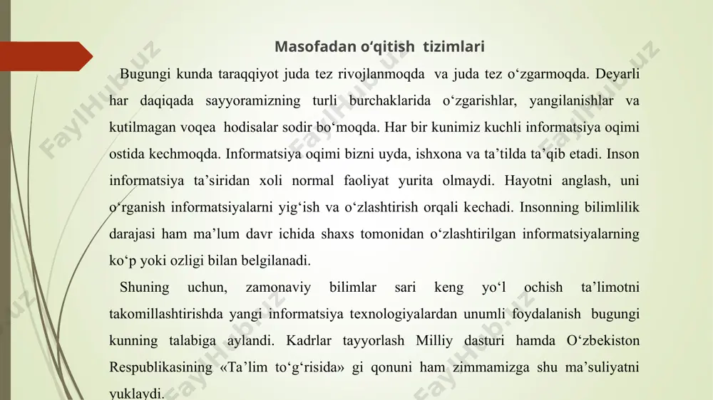 i. o‘quvchi bеrilgan programmani qanchalik tеz o‘zlashtirsa, shunchalik tеz o‘qishni tugatadi va guvohnoma oladi. programmani o‘zlashtira olmasa, unga mustaqil ishlab, o‘qishni davom ettirishga imkoniyat bеriladi.ushbu uslubning ko‘plab afzallik tomonlari borligi ko‘pchilikka ayon. barcha oliy o‘quv yurtlarida masofadan o‘qitish texnika va texnologiyasini amalga oshirish borasida qator ishlar olib borilmoqda. mo‘ ga jalb qilinuvchi kontingentni quyidagi ijtimoiy guruhlarga mansub bo‘lgan shaxslar tashkil qilishi mumkin: ikkinchi oliy yoki qo‘shimcha ma’lumot olish, malaka oshirish va qayta tayyorgarlik o‘tash istagida bo‘lganlar; mintaqaviy hokimiyat va boshqaruv rahbarlari ; an’anaviy ta’lim tizimining imkoniyatlari cheklanganligi sababli ma’lumot olaolmagan yoshlar; o‘z ma’lumot maqomini zamonaviy talablar darajasiga ko‘tarish istagida bo‘lgan firma va korxonalar xodimlari; ikkinchi parallel ma’lumot olishni xohlagan tinglovchilar; markazdan uzoqda, kam o‘zlashtirilgan mintaqalar aholisi; erkin ko‘chib yurishi cheklangan shaxslar; jismoniy nuqsonlari bo‘lgan shaxslar; harbiy xizmatda bo‘lgan shaxslar va boshqalar. o‘zbekiston sharoitida mo‘ni tashkil qilish katta samara beradi. hozirgi davrda ta’limning bu turidan keng miqyosda foydalanish lozim. masofaviy ta’lim …