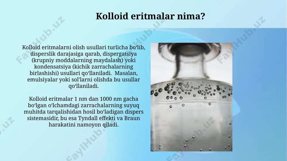 entatsiya tezligi stokes qonuniga bo'ysunadi va zarrachalar kattaligi, zichligi va muhit yopishqoqligi bilan bog'liq, shuning uchun kolloidlar uzoq vaqt cho'kmaydi. ultra tovush bilan tarqalish ultra tovush bilan tarqalish jarayonida 20-40 khz chastotali tovush to'lqinlari suyuqlik muhitida katta amplitudali tebranishlarni hosil qilib, suyuqlikdagi zarrachalarni bir-biriga urib, kolloid eritmalar hosil qiladi. ushbu usul yordamida o'rtacha diametri 1-100 nm bo'lgan kolloid zarrachalarni olish mumkin, bu esa hosil bo'ladigan eritmaning optik xossalarini, ya'ni yorug'likni sochish va qaytarish xususiyatlarini aniqlaydi. mekanik tarqalish mekanik tarqalish usulida, 1-10 mkm gacha bo'lgan yirik zarrachalarni kolloid o'lchamli (1-100 nm) zarrachalarga maydalash orqali, dispersiyalangan fazaning sirt maydonini sezilarli darajada oshirish mumkin. yuqori tezlikdagi maydalash (10000 rpm dan yuqori), ultratovush yoki o'ta nozik maydalash kabi mexanik usullar kolloid eritmalarni hosil qilish uchun qo'llaniladi, bu esa zarrachalar hajmini kamaytirishga va kolloid dispersiyani yaratishga imkon beradi. kolloid eritmalarni olish usullari kolloid eritmalarni peptizatsiya usuli orqali olishda, 10⁻⁷ dan 10⁻⁴ sm gacha bo'lgan cho'kmalarni, …