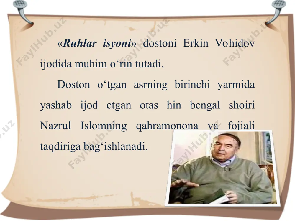 buzuvchi dushmanga chiqardi. olomonning o‘z shoirini anglab yetmagani, unga ergashmagani mustamlakachilarga juda qo‘l keldi va shoir ozodlikdan mahrum etiladi. malomatga qoldi endi shoir bitib haq doston. hindu uni «jobon» dedi, «kofir» dedi musulmon. dostondagi qator mavzularni yoritishda shoir turli xil afsona hamda rivoyatlardan foydalanadi. dostonning uchinchi faslidagi «tutqunlik» mavzusida nazrul islomning zindondagi o‘y-xayollari, insoniy his-tuyg‘ulari mohirona va ishonarli tarzda bayon etiladi. shoir onasini g‘am-qayg‘uga qo‘yganligidan iztirob chekadi. nazrul islom o‘zini gunohkor hisoblamaydi, agar gunohi bo‘lsa, u ham faqat onasining oldidagi farzandlik burchini ado eta olmaganida va xalqini ozodlik sari boshlaganida, deb biladi. aslida, haqiqat ham shundan iborat. onajonim, menga bu kun sendan o‘zga dilxoh yo‘q. zindondaman, bilmam, nechun, menda zarra gunoh yo‘q. gunohkorman na ollohim, na vijdonim oldida. faqatgina… bir gunohim onajonim oldida. kechir, onam! ko‘zingda g‘am, azob bo‘ldim joningda. shuningdek, shoir jafokash hind xalqining tinimsiz og‘ir mehnat qilishi, och-yalang‘och, uysiz, joysiz kun ko‘rishi va yurt boyliklarining huzurini kelgindi mustamlakachilar …