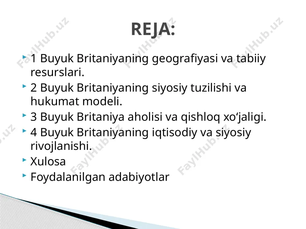 angliyaning gʻarbiy qirgʻogʻida keng qoʻltiqlar (liverpul, kardigan, bristol), markaziy va janubiy qismlarida pasttekisliklar (shim. sharqiy feni, london havzasi, midlend, xempshir), qator asimmetrik tepalar (balandligi 200– 300 m) bor. shimoliy irlandiya ayrim kichik-kichik qirlardan (antrim, sperriin, morn va boshqalar) iborat. buyuk britaniyaning geografiyasi va tabiiy resurslari. buyuk britaniyada foydali qazilmalar kam. asosan temir rudasi va yuqori sifatli toshkoʻmir, tosh tuz, kaolin, ozroq miqdorda yonuvchi slanes qazib olinadi. neft va rangli metall konlari mavjud. shimoliy dengizning buyuk britaniya qirtogʻi yaqinida tabiiy gaz konlari bor. buyuk britaniyada moʻtadil dengiz iqlimi xukmron; u seryogʻin, oʻzgaruvchan, tez-tez shamol boʻlib turadi. janubi-gʻarbida yanvarning oʻrtacha temperaturasi 7°c, sharqda 3,5° c gacha. shimoli-gʻarbida yoz salqin, sernam, janubi-sharqda ancha iliq va quruq. shimolida iyulning oʻrtacha temperaturasi 13°c, janubi-sharqda 16,5°c. london va uning atrofida temperatura yuz kun davomida 0°c dan past, mamlakat sharqida baʼzan -18°c gachatushadi. yogʻin yil davomida deyarli bir meʼyorda (kuz va qishda bir oz koʻproq) tushadi, janubi-sharqida …
