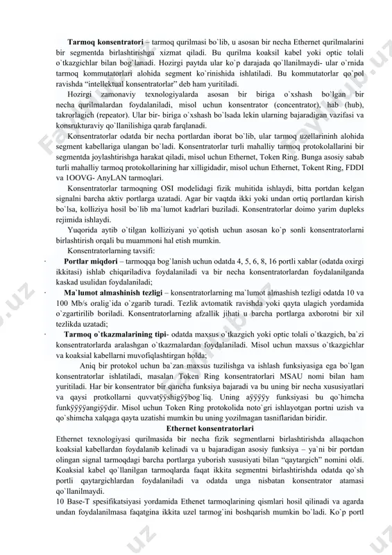 d) soho tarmog`i; 4. o`zaro aloqadorlik bo`yicha: a) mijoz- server; b) ko`p qatlamli arxitektura; c) nuqta- nuqta; d) bir rangli(bir xillilik); 5. tarmoq topologiyasi tipi bo`yicha: a) shina; b) yulduz; c) xalqa; d) panjara; e) aralashgan topologiya; f) to`liq aloqadagi topologiya; 6. zaruriy holda doimiy aloqani ta`minlash bo`yicha: a) paketli tarmoq, misol uchun fidonet va uucp; b) onlayn (online) tarmoq, misol uchun internet va gsm protokollar steki kompyuter tarmog`ini boshqarish davomida bir necha ko`rinishdagi protokollar to`plamidan foydalanish mumkin. quyida ulardan bir nechtasi berib o`tilgan: arcnet, decnet, ethernet, ip, tcp, udp, appletalk, token ring, ipx, spx, fddi, hippi, myrinet, qsnet, atm, ieee-488, usb, ieee 1394 (firewire, ilink), x.25, frame relay, bluetooth, ieee 802.11, systems network architecture, rapidio kommunikatsiya nazariyasi 1. darajalar: a) osi modeli; b) amaliy daraja; c) axborotni taqdim etish darajasi; d) seansli daraja; e) transportli daraja; f) tarmoqli daraja; g) kommutatsiya; h) marshrutizatsiya; i) kanalli daraja (ma`lumotlarning bog`lanish darajasi); …