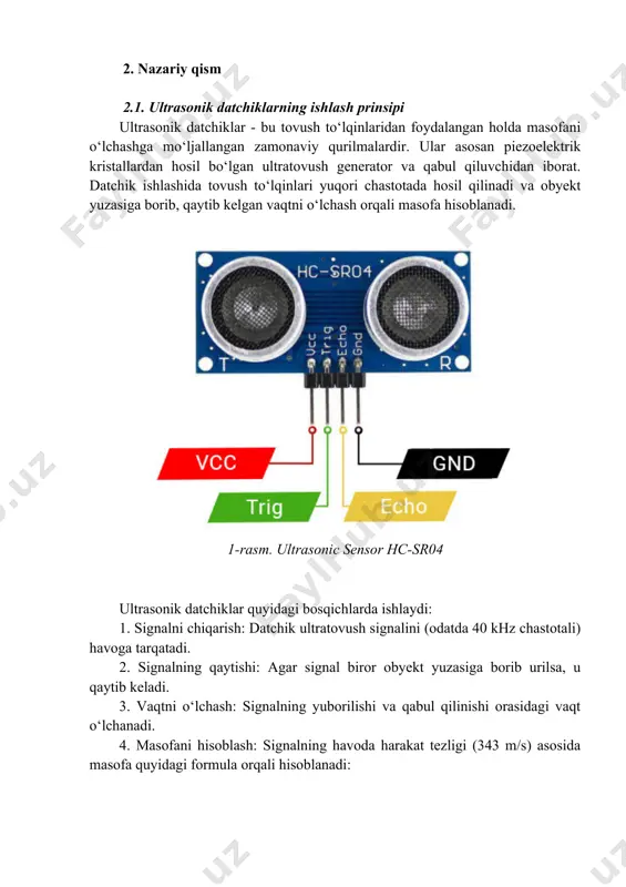 328p chipidan foydalanadi. ushbu qurilma arduino ide dasturlash muhitida dasturlanadi va turli xil loyihalar uchun ishlatiladi. arduino uno ning asosiy texnik xususiyatlari: - ishlash kuchlanishi: 5v - analog kirish pinlari: 6 ta - raqamli kirish/chiqish pinlari: 14 ta, ulardan 6 tasi pwm funksiyasiga ega. - flash xotira: 32 kb (2 kb bootloader uchun ishlatiladi). - sram: 2 kb - eeprom: 1 kb - kristall chastotasi: 16 mhz - interfeys: usb orqali dasturlash va quvvatlantirish imkoniyati. 2-rasm. arduino uno mikrokontrolleri arduino uno turli komponentlar bilan, jumladan, ultrasonik datchik va lcd displey kabi modullar bilan osongina integratsiya qilinadi. uning dasturiy va apparat jihatdan ochiqligi boshlang‘ich foydalanuvchilar va tajribali dasturchilar uchun ham qulay platforma bo‘lib xizmat qiladi. 2.3. lcd 16x2 displey haqida umumiy ma’lumot lcd 16x2 displey - bu matnli ma’lumotlarni aks ettirishga mo‘ljallangan elektron ekran bo‘lib, ikki qator va har bir qatorda 16 ta belgini ko‘rsatish imkoniga ega. ushbu displey juda samarali …