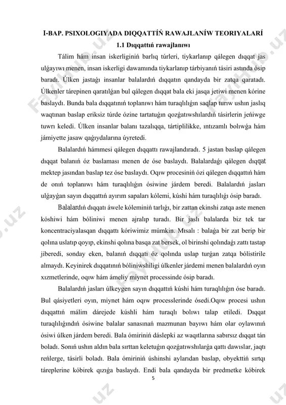 lar qoyadı. mektep jasındaǵı kishi balalar dıqqatınıń tiykarǵı ózgesheligi qálegen dıqqatınıń ósip barıwı bolıp tabıladı. tómen klass oqıwshılarında qálegen dıqqattıń turaqlılıǵına sebep, olar nerv sistemasınıń tez sharshawı, tormozlanıw procesiniń kúshsizligi bolıp tabıladı. sonıń ushın oqıtıwshı oqıwshılar dıqqatın tárbiyalawda oqıw materialınıń múmkin shekem qızıqlı kórgezbeler, hàr turli bolıwına háreket etiwi kerek, oqıwshılardı aktivlestiriwge umtılıwı, shınıǵıw dawamında tánepis beriw múmkinshiliklerin aldınan oylap kóriwi kerek. oqıw iskerligin tuwrı shólkemlestiriw baslanǵısh klaslarday qáliplesip, óspirimlik jasında bekkemlenetuǵın dıqqatlılıqqa ádetleniwine orın tayarlaydı. óspirimde hár túrli nárselerdi biliwge qızıǵıwshılıq, kóp zatlardı ǵárezsiz orınlawǵa salıstırǵanda kúshli ǵayrat, qálew oyanadı. bul bir tárepten, dıqqattıń toplanıwı hám turaqlılıǵınıń asıwına múmkinshilik beredi. ekinshi tárepten, biyparwalıq, arqayınlıqtı keltirip shıǵaradı, sebebi ele óspirim aktiv jaǵdayda dıqqattıń jaǵdayın anıqlaw, onı sabaq materialına baǵdarlaw hám ol jaǵdayda tutıp turıw imkaniyatın beredi. 1 бардиер г.л., никольская и.м. что касается меня...: сомнения и переживания младших школьников. - спб.: речь, 2005. - 203 с. 7 oqıtıwshınıń sheber baslıqlıǵı …