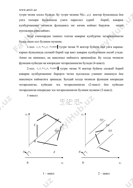 нуктани координаталари масаланинг оптимал ечими ва булади. х2 (y) 4 a (y) b 0 3 c 4 х1 n(2, -5) мустакил ечишга доир масалалалар куйидаги масаланинг математик моделини тузинг ва график усулда ечинг. тадбиркор 2 хил махсулот ишлаб чикариш учун икки хил ресурсдан фойдаланади. ресурсларнинг захираси биринчи хилдан-156 бирлик, иккинчи хилидан-63 бирликни ташкил килади. биринчи хил махсулотнинг бир бирлигидан 400 сум,иккинчисидан-500 сум даромад олинади. ресурсларнинг таксимланиш нормаси жадвалда берилган: ресурслар бир бирлик махсулотга ресурснинг сарфланиши 1 2 i ii 2 0,5 1,6 0,8 даромад (сум) 400 500 куйидаги масалалар график усулда ечилсин: 1. 2. 3. 4. адабиётларлар: 1. н.р.бекназарова, х.н.жумаев “математик программалаштириш ва оптималлаштириш” ўқув предмети бўйича ўқув-услубий мажмуа (бакалавриат босқичи талабалари учун).ташкент 2006. 2. сафаева к. ва бошкалар. математик программалашдан маъруза мантлари. т., тдми, 2003й. 3. в.в.розен. математические модели принятия решений в экономике. м. 2002. 4. математическое программирование в экономике. под ред. кремера, м., финансы и статистика, 1996г. 5. …