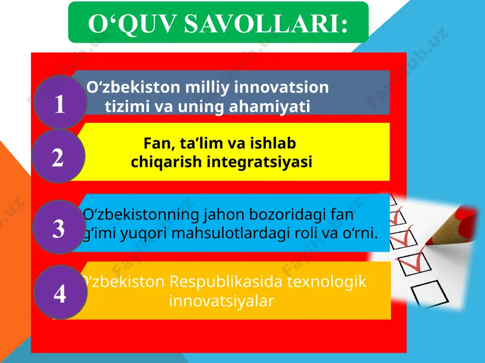 faatlaridagi innovatsiyalar va ilmiy tadqiqotlar ekanligi; institutsionallik innovatsion faoliyat mazmuni va tuzilmasiga ta’sir qiluvchi omil hisoblanishi; ilmiy bilim iqtisodiyotni rivojlantirishda muhim rol o‘ynashi to‘g‘risidagi g‘oyalardan iborat bo‘lgan. innovatsion rivojlanish samaradorligi ko‘rsatkichlarini o‘zgarishi ko‘rsatkichlar 2015 2016 2017 2018 2020 mehnat unumdorligining o‘sish sur’atlari, o‘tgan yilga nisbatan %da 97,2 99,0 105,6 105,6 105,1 mashina va asbob-uskunalarning eskirish darajasi, % 52,7 52,4 50,9 50,5 49,1 asosiy vositalarning yangilanish darajasi, % 17,1 12,6 18,9 12,9 13,5 mashina va asbob-uskunalarni yangilanish muddati, yil 7,0 11,0 7,0 9,0 9,0 mashina va asbob-uskunalarni chiqib ketish darajasi, % 1,1 3,2 6,3 2,8 3,0 olimlarning fikri (e.kondrat’ev) olimlarning umumiy fikricha, milliy innovatsiya tizimini milliy chegaralar doirasida ilmiy bilimlar va texnologiyalarni ishlab chiqish va kommertsiyalash bilan mashg‘ul, maqsad-vazifalari turlicha bo‘lgan tuzilmalarning, jumladan, davlat idoralarining integratsiyasi jarayoni va natijasi sifatida e’tirof etish joiz. olimlarning fikri (g.goldshteyn) samarali milliy innovatsiya tizimini yaratishning muhim sharti davlat undan asosiy manfaatdor bo‘lishiga, innovatsion faoliyatning ustuvor …