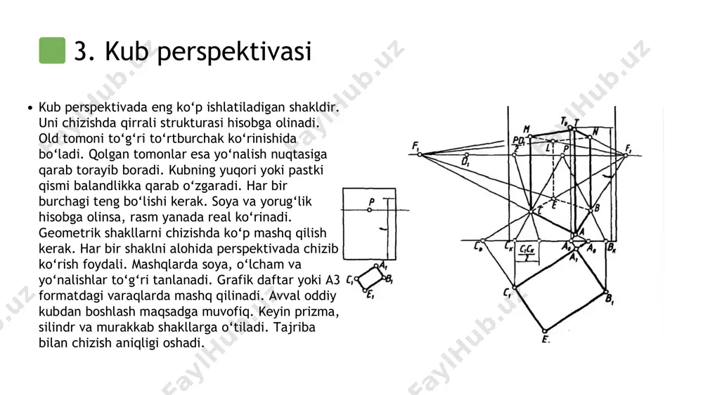 ni aniqlashtiradi. har bir geometrik shaklning soyasi o‘ziga xosdir. yorug‘lik yo‘nalishi soyani aniqlashda muhim rol o‘ynaydi. kubda soya to‘g‘ri chiziqli, silindrda esa yumaloq bo‘ladi. soya proyeksiyasi bilan shakl ko‘rinishi kuchayadi. yoritish orqali shakl hajmi va chuqurligi belgilanadi. grafik tasvirda bu elementlar muhim ahamiyatga ega.perspektiv chizishda asosiy yordamchi vosita hisoblanadi. har bir geometrik shakl to‘r ustida aniq joylashtiriladi. to‘r yordamida nisbatlar, chuqurlik va yo‘nalish belgilanadi. rasm chizish ancha osonlashadi va aniqlik ortadi. qirrali shakllar to‘rga mos ravishda joylanadi. egri shakllar esa oraliq nuqtalar yordamida chiziladi. to‘r asosida chizilgan rasmda xatolik kam bo‘ladi.