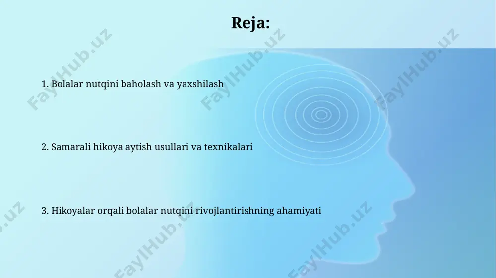 qobiliyatini rivojlantirish mumkin. bolaning nutqini rivojlantirishda hikoyalarning ahamiyati hikoyalar orqali bolalar 20 dan ortiq yangi so'z va tushunchalarni o'rganadi, leksik zahiralarini kengaytiradi va tovush madaniyatini yaxshilaydi. bolalar nutqining grammatik tuzilishini boyitishda hikoyalar muhim rol o'ynaydi, chunki ular 500 dan ortiq so'z va iboralarni, turli gap tuzilmalarini o'z ichiga oladi. interaktiv hikoya aytishning foydalari hikoya davomida savollar berish va javoblarni muhokama qilish orqali mantiqiy fikrlash va muammo yechish qobiliyatlari, taxminan 15% ga rivojlanadi. interaktiv hikoya aytish bolaning lug'at boyligini 20-30% ga oshirishi, yangi so'zlar va iboralarni o'zlashtirishini tezlashtirishi mumkin. e'tiboringiz uchun rahmat @taqdimot_robot image2.jpg image3.jpg image4.jpg image5.jpg image6.jpg image7.jpg image8.jpg image1.png