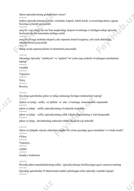 sati ===== proteksionizm va avtarkiya siyosati ===== erkin savdo va avtarkiya siyosati +++++ jahon xo‘jaligida birinchi bo‘lib “erkin savdo” haqidagi nazariy tahlilni kim ishlab chiqqan? ===== #a.smit ===== d.rikardo ===== m.pebro ===== j.saks va e.uorner +++++ erkin savdo siyosati– bu ...? ===== #davlatning tashqi savdo jarayonlariga aralashuvini kamayishi, yaʼni tashqi savdoning erkin bozor talabi va taklifiga asosan rivojlanishi ===== davlatning tashqi savdo jarayonlariga aralashuvini bosqichma bosqich chegaralashni rivojlantirish ===== tashqi savdoga davlat aralashuvini kuchaytirish ===== umumiy barqarorlikni taʼminlovchi tartibga solish siyosati +++++ jahon xo‘jaligida milliy iqtisodiyotida moliyaviy xizmatlarning ustun darajada rivojlangan eng yetakchi ikki mamlakatni toping? ===== #shvetsariya va lyuksemburg ===== aqsh va yaponiya ===== xitoy va qatar ===== singapur va gongkong +++++ jahon xo‘jaligida hindiston qanday mamlakat deb ataladi? ===== #agrar-industrial ===== industrial ===== agrar ===== industrial-agrar +++++ jahon xo‘jaligida o‘zbekiston qanday mamlakat deb ataladi? ===== #agrar-industrial ===== industrial ===== agrar ===== yangi industrial +++++ bugungi kunda o‘zbekiston quyidagi …