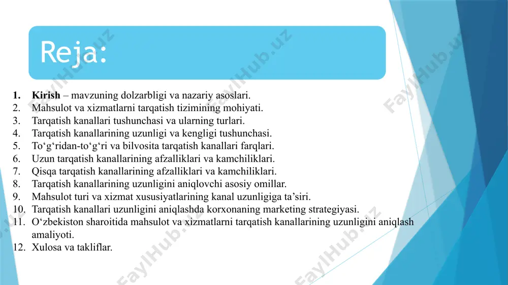 ishlab chiqaruvchidan bevosita iste’molchiga yetkaziladi. masalan: fermer mahsulotni to‘g‘ridan-to‘g‘ri bozorda sotadi yoki korxona o‘zining internet-do‘koni orqali xaridorlarga xizmat ko‘rsatadi. bilvosita tarqatish kanali – mahsulot ishlab chiqaruvchidan iste’molchiga vositachilar orqali yetkaziladi. masalan: ulgurji savdogar → chakana savdogar → iste’molchi. qisqa kanal – ishlab chiqaruvchi va iste’molchi orasida bitta vositachi mavjud bo‘ladi. masalan: ishlab chiqaruvchi → chakana savdogar → iste’molchi. uzun kanal – ishlab chiqaruvchi va iste’molchi orasida bir nechta vositachilar qatnashadi. masalan: ishlab chiqaruvchi → ulgurji savdogar → chakana savdogar → iste’molchi. aralash (kombinatsiyalashgan) kanal – ishlab chiqaruvchi mahsulotini bir vaqtning o‘zida ham to‘g‘ridan-to‘g‘ri, ham vositachilar orqali yetkazadi. masalan: internet-do‘kon va supermarketlar orqali sotish. tarqatish kanallari tushunchasi va ularning turlari tarqatish kanali uzunligi – mahsulot ishlab chiqaruvchidan iste’molchigacha yetib borishida ishtirok etadigan vositachilar soni bilan belgilanadi. kanal qanchalik ko‘p vositachidan iborat bo‘lsa, uning uzunligi shuncha katta bo‘ladi. qisqa kanal – ishlab chiqaruvchi va iste’molchi orasida vositachilar soni kam (masalan: ishlab chiqaruvchi …