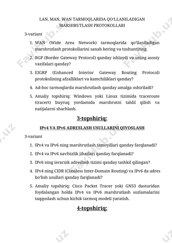 hiriqlarini bajarilishi: 1-topshiriq: 1. ip (internet protocol) va uning versiyalari (ipv4 va ipv6) ip (internet protocol) — bu kompyuter tarmog‘ida ma’lumotlarni bir qurilmadan boshqasiga uzatish uchun ishlatiladigan asosiy protokoldir. har bir qurilma ip manzilga ega bo‘lib, bu manzil ularni tarmoqda noyob qilib belgilaydi. ip versiyalari: · ipv4 (internet protocol version 4): · 32-bitli manzil tizimi (masalan: 192.168.1.1) · taxminan 4.3 milliardta manzilgacha qo‘llab-quvvatlaydi · hozir eng keng tarqalgan versiya · ipv6 (internet protocol version 6): · 128-bitli manzil tizimi (masalan: 2001:0db8:85a3:0000:0000:8a2e:0370:7334) · amalda cheksiz miqdorda ip manzillar beradi · ipv4 manzillar yetishmasligi muammosini hal qiladi 2. vpn (virtual private network) qanday ishlaydi va uning afzalliklari vpn — bu internet orqali shifrlangan (maxfiy) aloqani yaratadigan tarmoq texnologiyasi. bu foydalanuvchining haqiqiy ip manzilini yashiradi va xavfsiz aloqa kanalini yaratadi. ishlash prinsipi: 1. foydalanuvchi vpn serveriga ulanadi. 2. ma’lumotlar shifrlangan holatda vpn tunnel orqali yuboriladi. 3. internet xizmatlarida foydalanuvchining ip manzili vpn serverning …